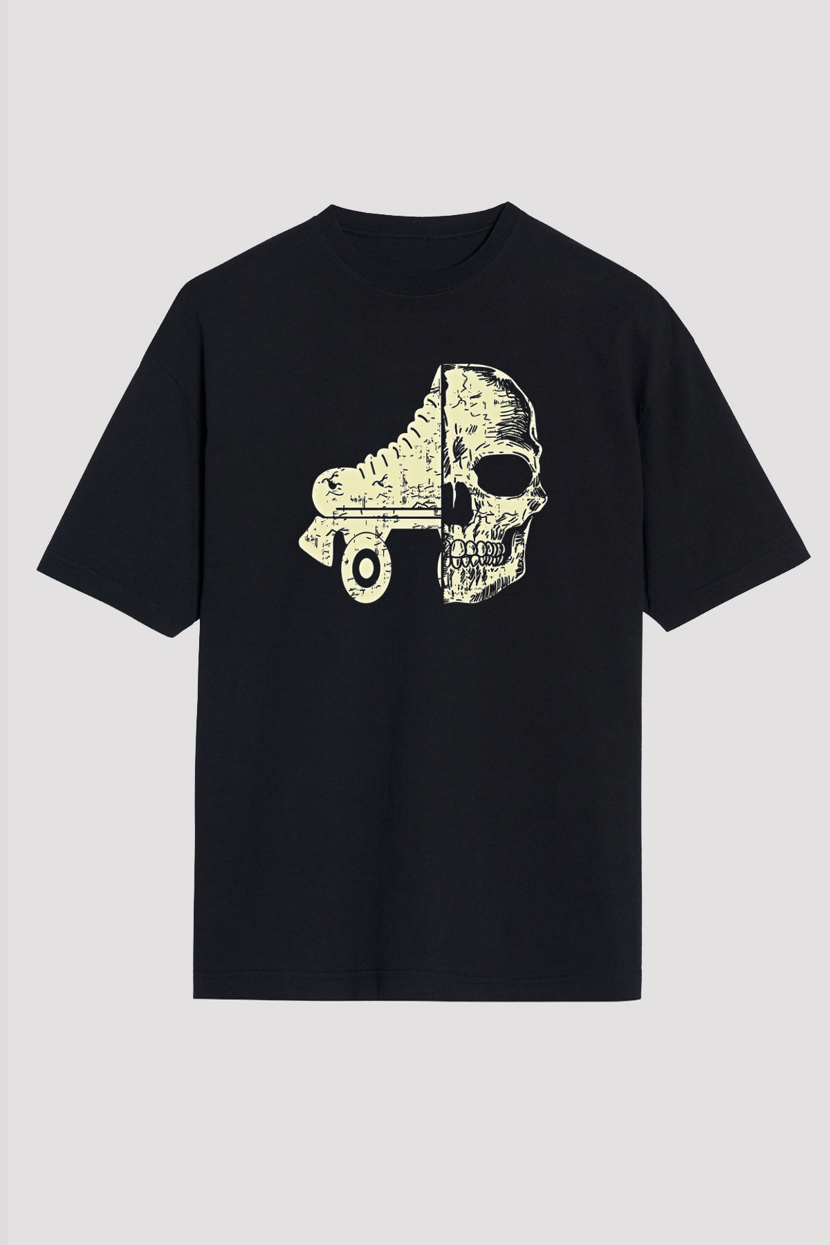 Paten Baskılı Unisex Siyah Oversize Tişört