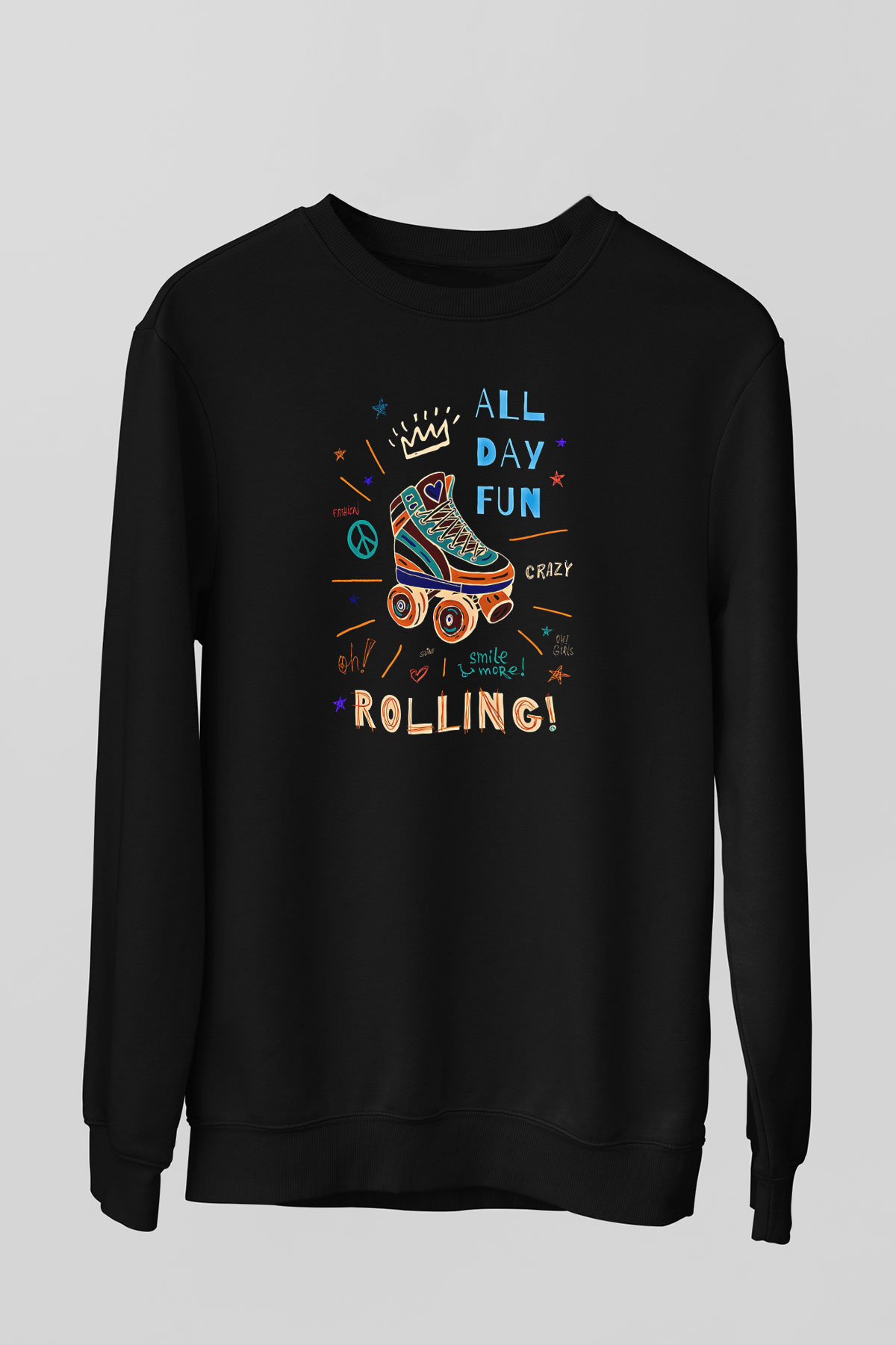 Paten Baskılı Unisex Siyah Sweatshirt