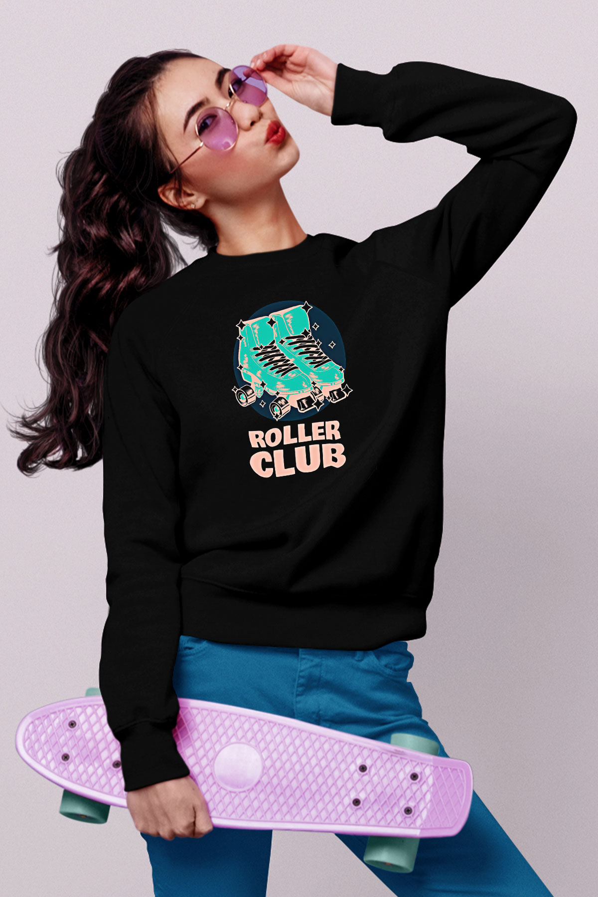 Paten Baskılı Unisex Siyah Sweatshirt