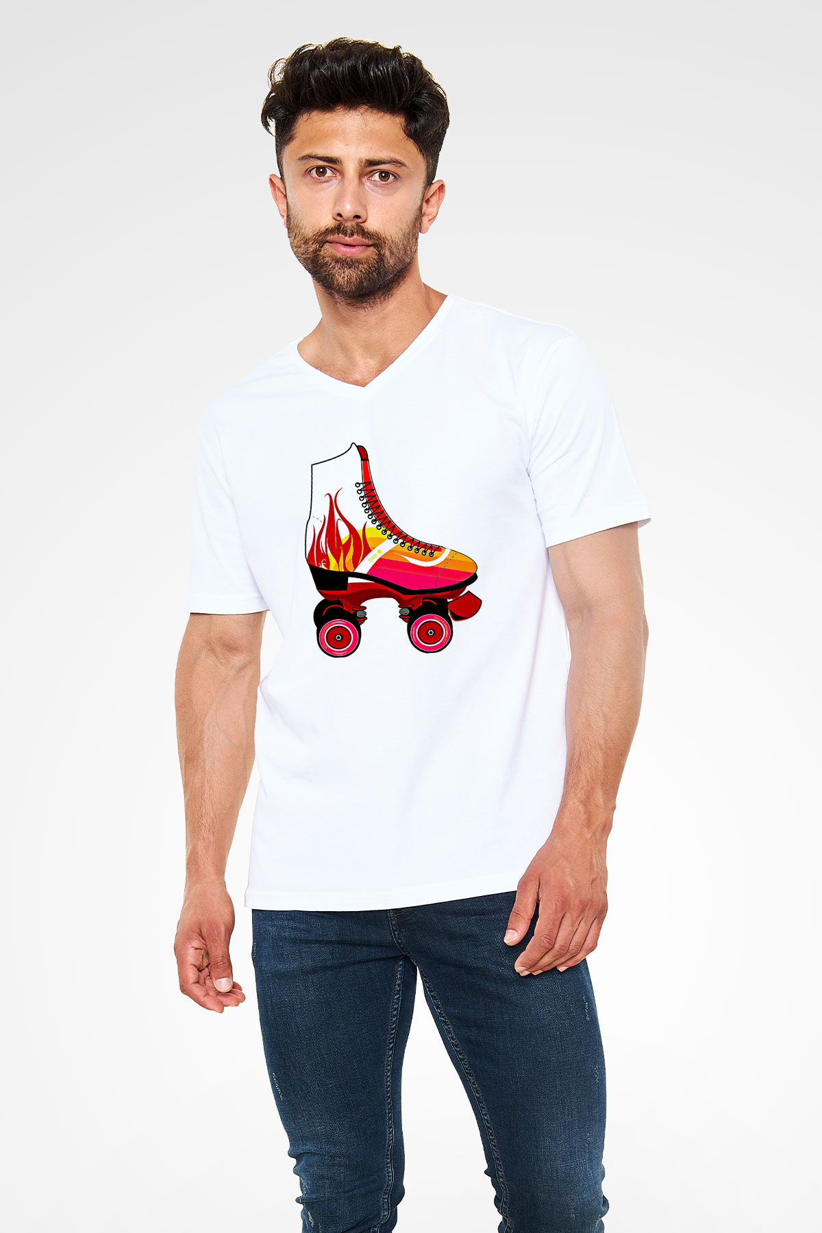 Paten Baskılı Unisex V Yaka Tişört - Tshirt