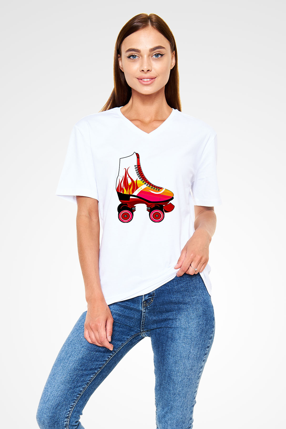 Paten Baskılı Unisex V Yaka Tişört - Tshirt