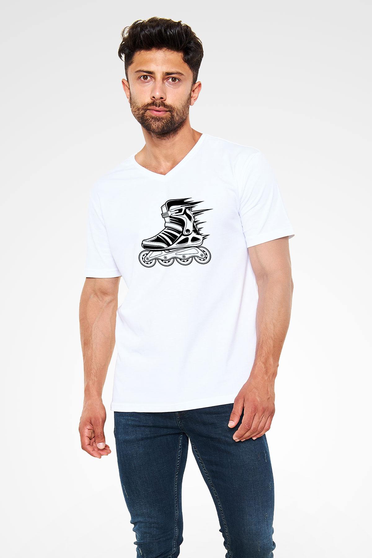 Paten Baskılı Unisex V Yaka Tişört - Tshirt