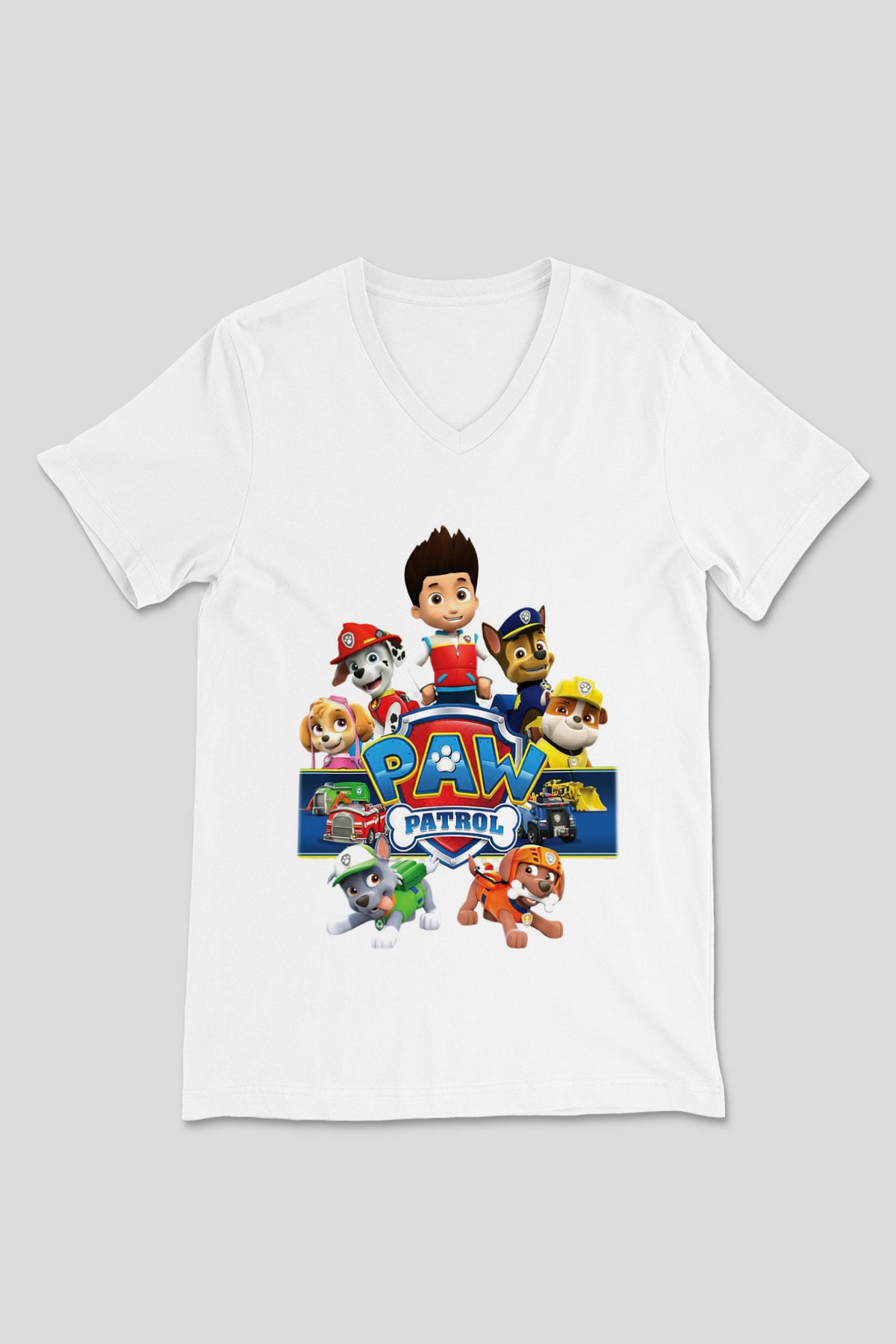 Paw Patrol Beyaz Unisex V Yaka Tişört T-Shirt