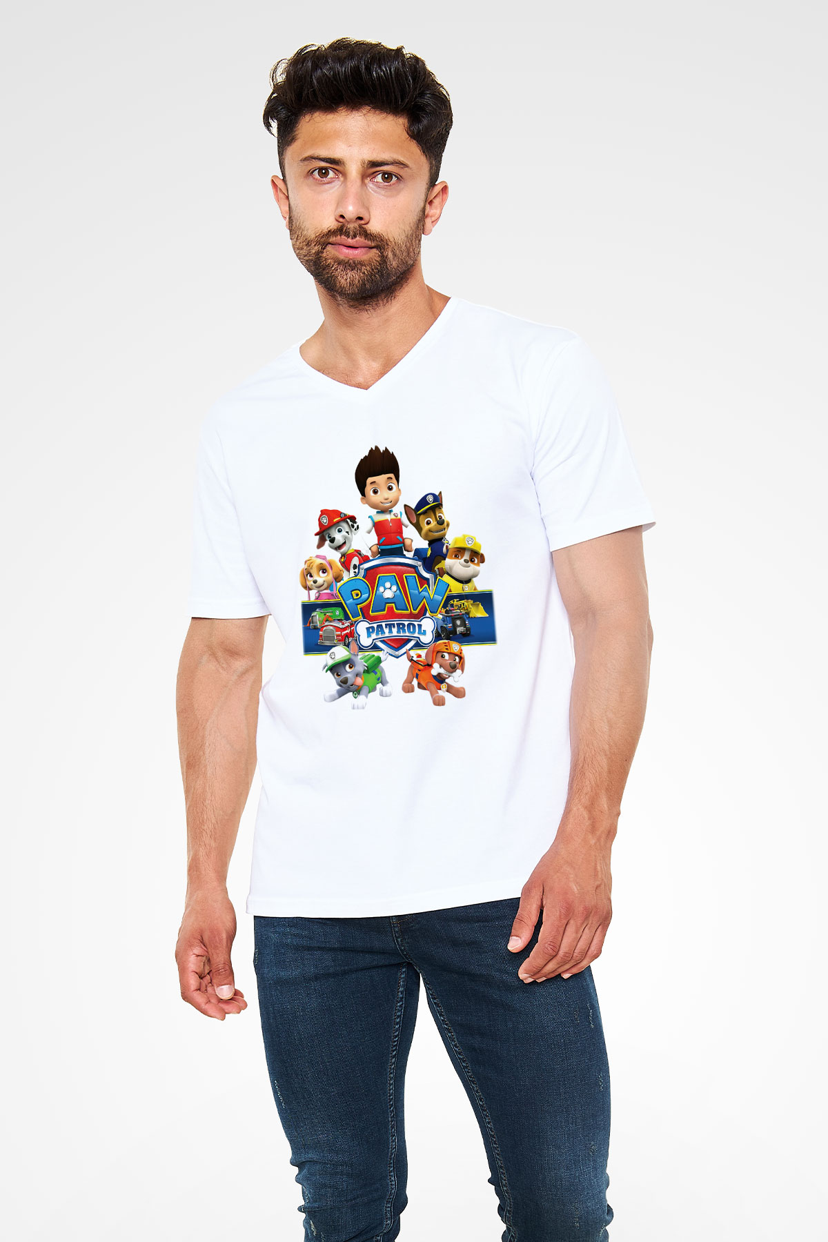 Paw Patrol Beyaz Unisex V Yaka Tişört T-Shirt
