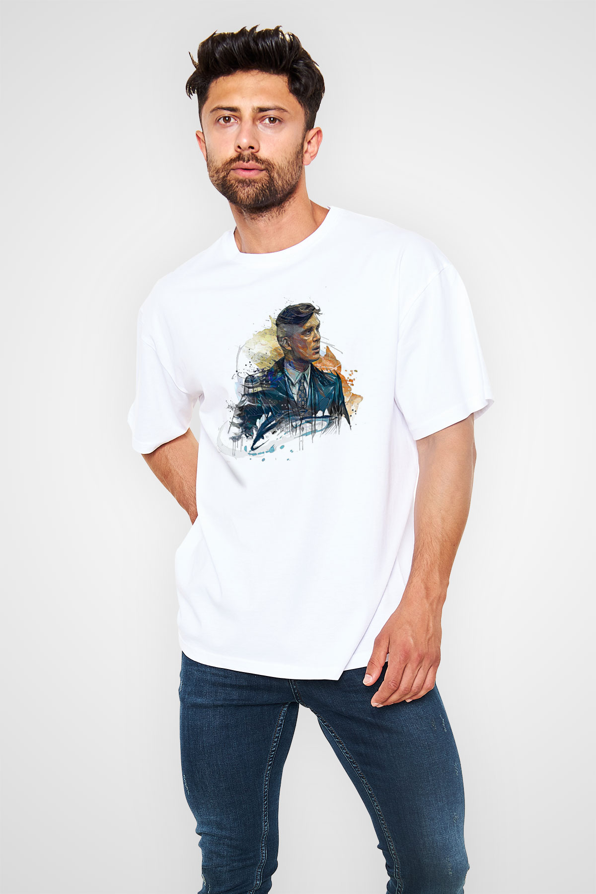 Peaky Blinders Baskılı Beyaz Unisex Oversize Tişört - Tshirt