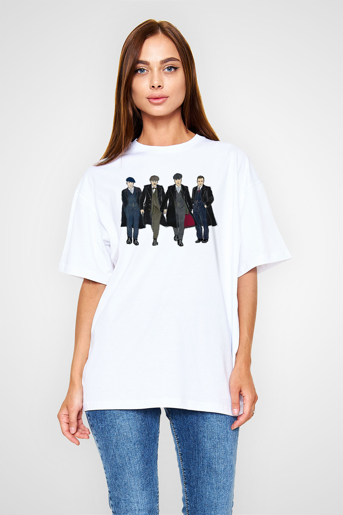 Peaky Blinders Baskılı Beyaz Unisex Oversize Tişört - Tshirt