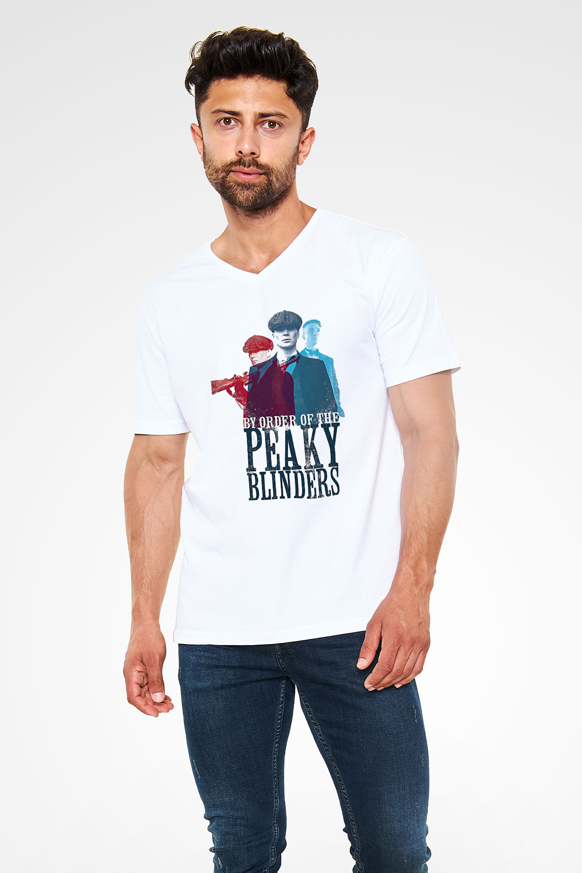 Peaky Blinders Baskılı Beyaz Unisex V Yaka Tişört - Tshirt