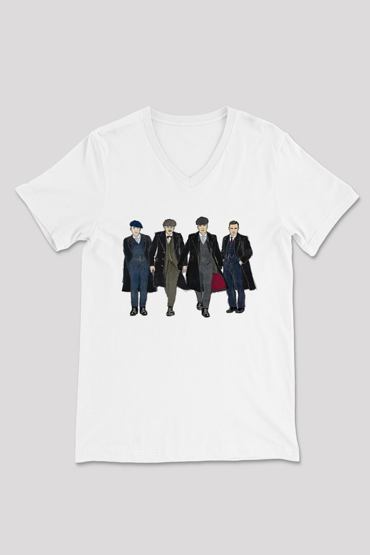 Peaky Blinders Baskılı Beyaz Unisex V Yaka Tişört - Tshirt