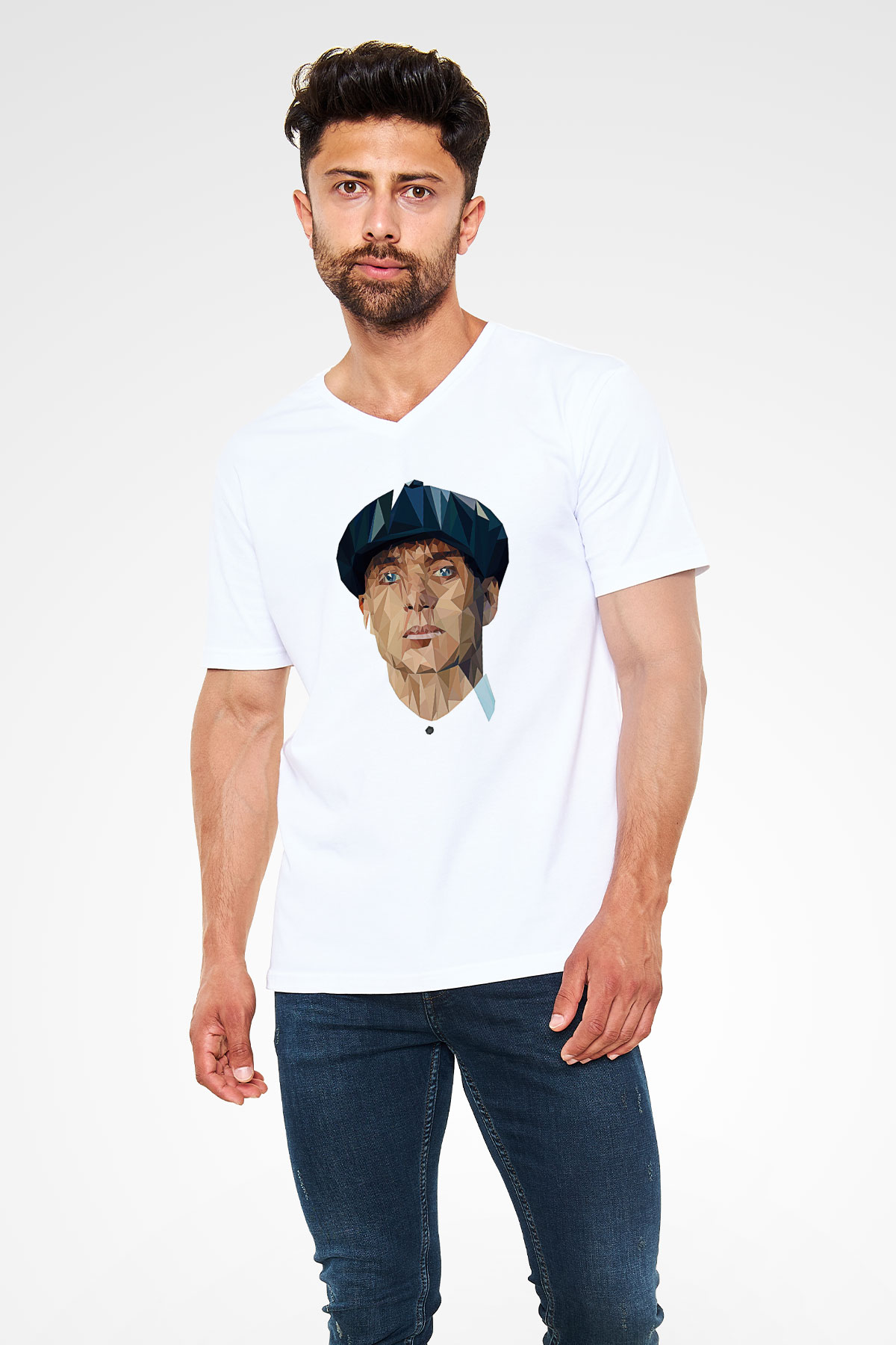 Peaky Blinders Baskılı Beyaz Unisex V Yaka Tişört - Tshirt
