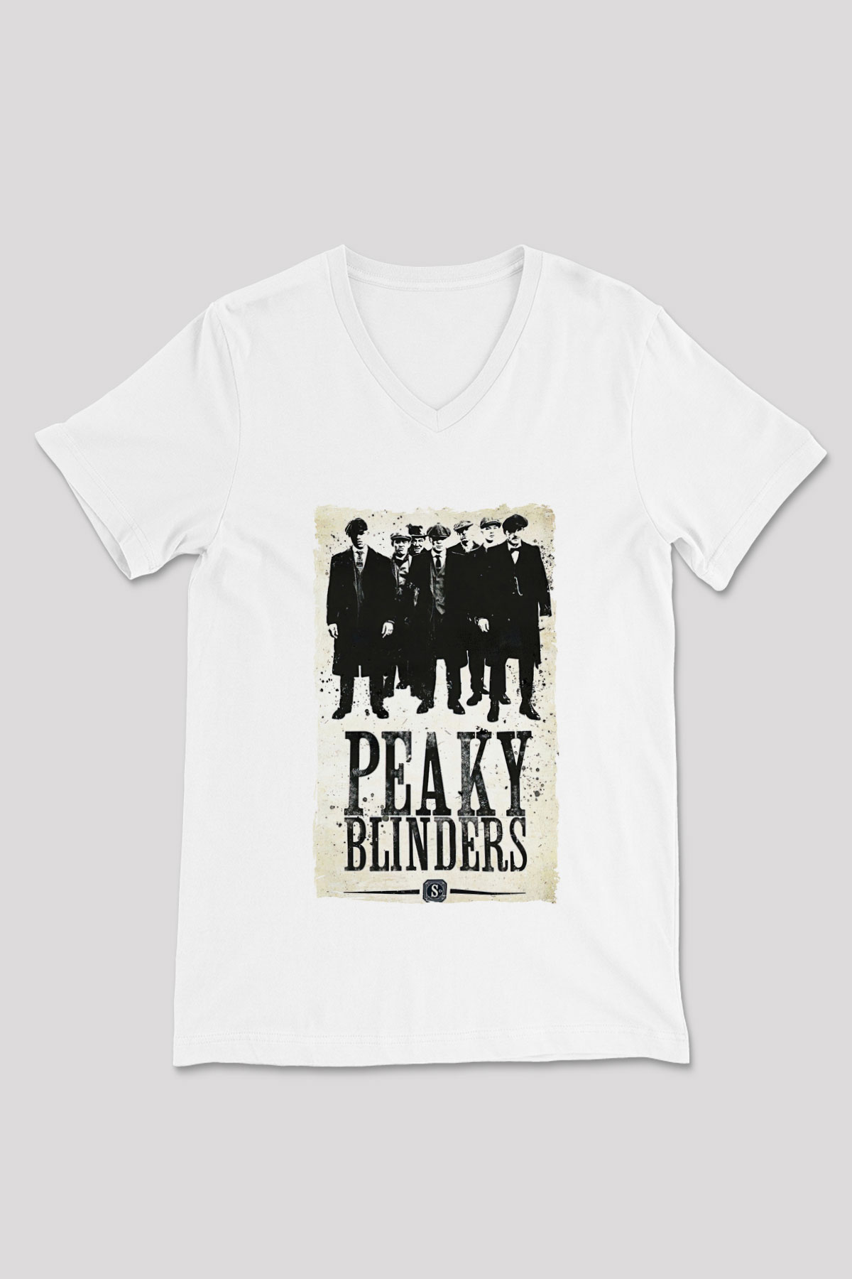 Peaky Blinders Baskılı Beyaz Unisex V Yaka Tişört - Tshirt
