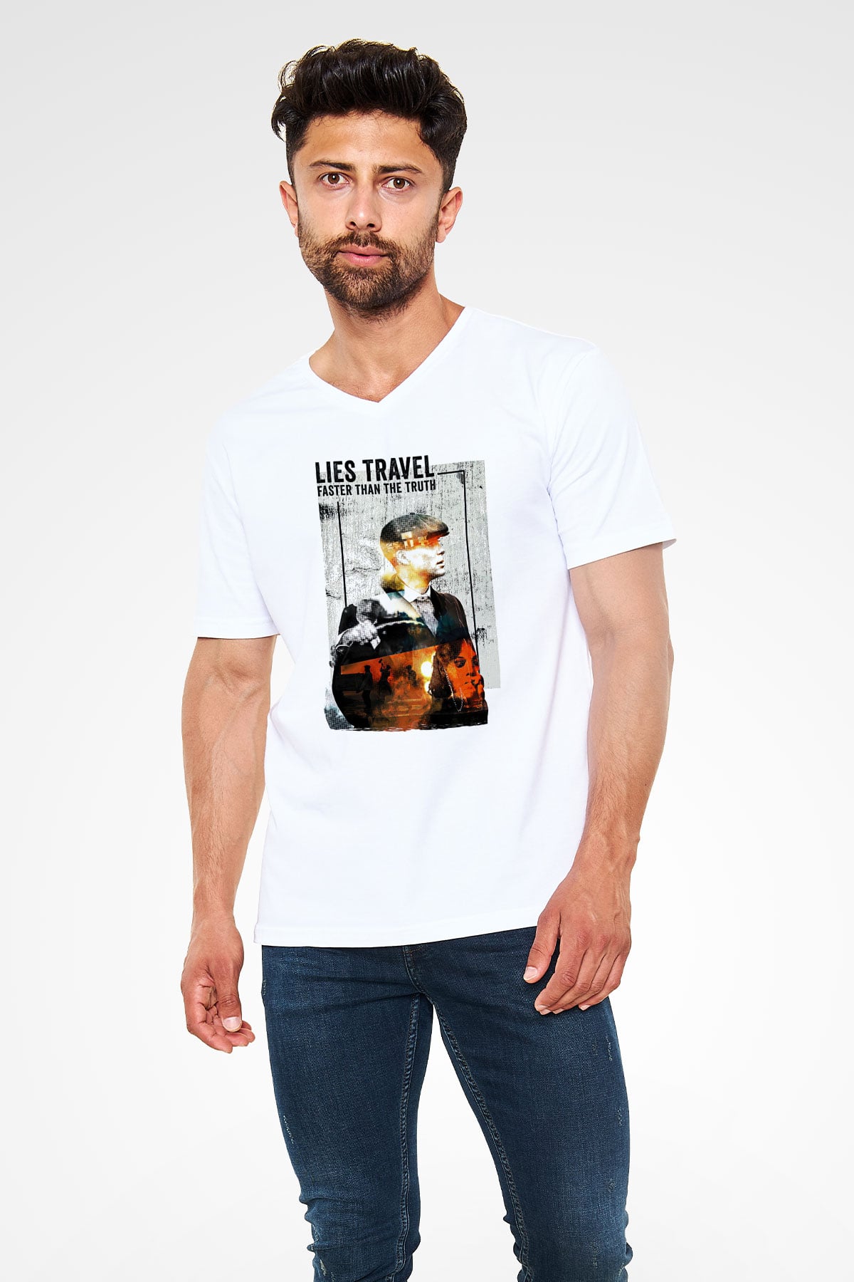 Peaky Blinders Baskılı Beyaz Unisex V Yaka Tişört - Tshirt