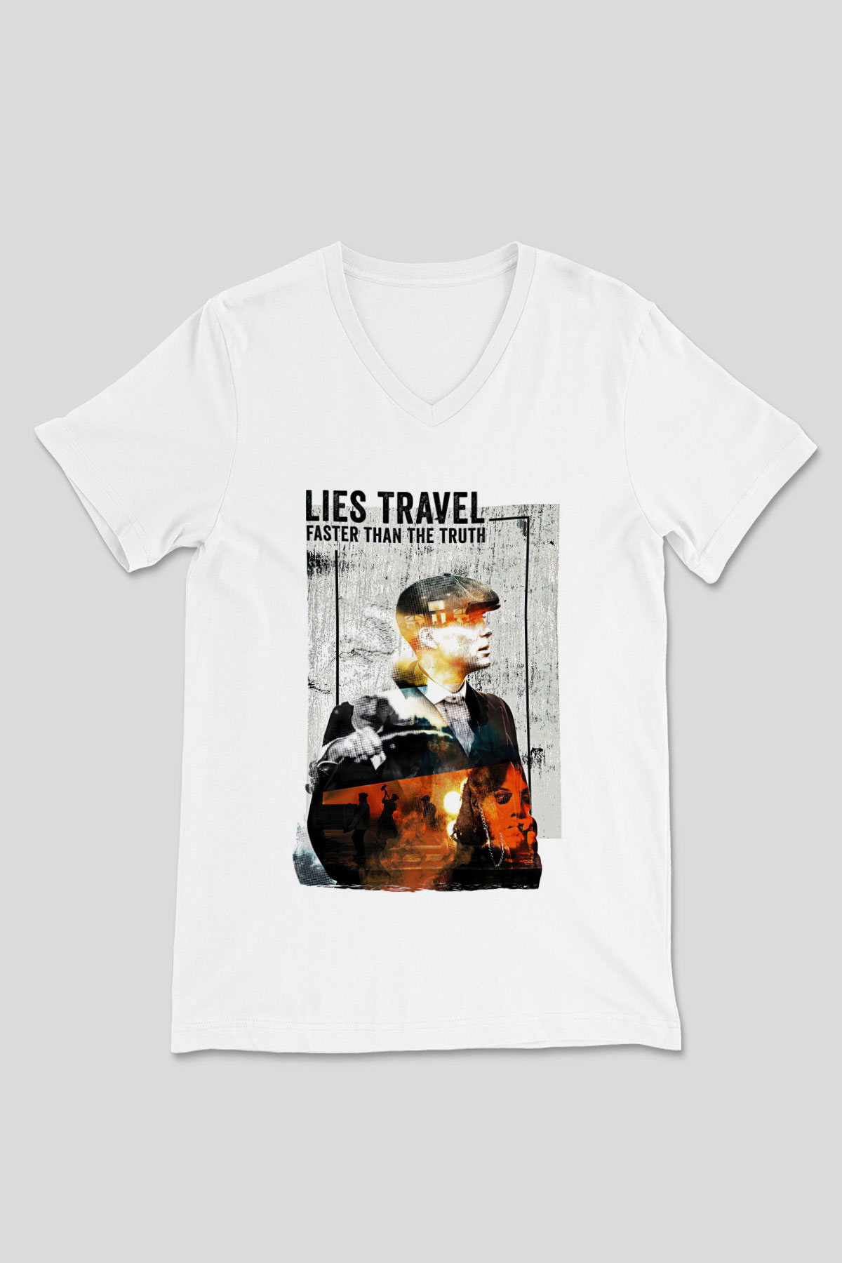 Peaky Blinders Baskılı Beyaz Unisex V Yaka Tişört - Tshirt