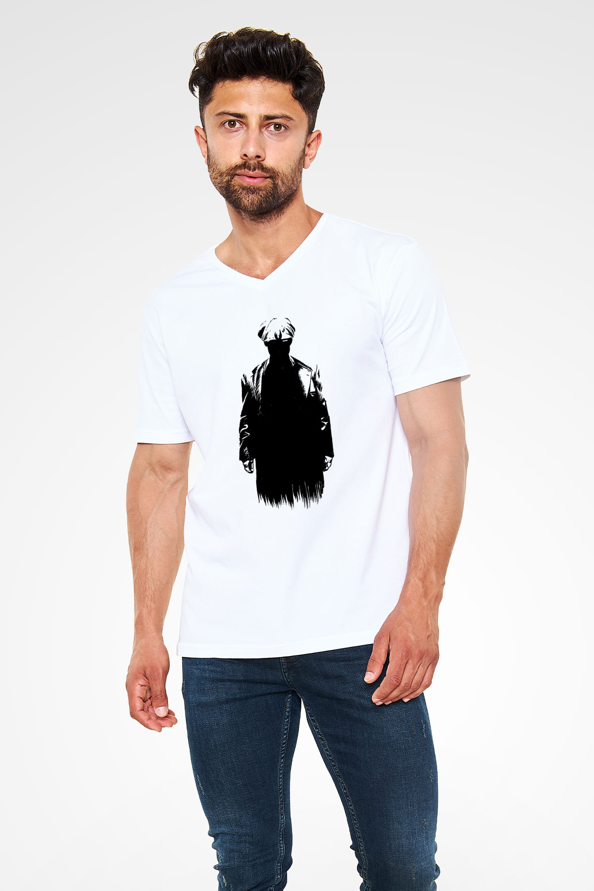 Peaky Blinders Baskılı Beyaz Unisex V Yaka Tişört - Tshirt