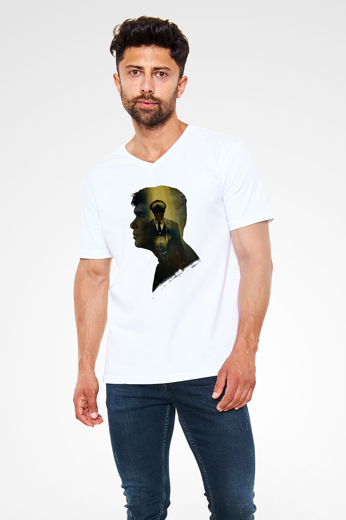 Peaky Blinders Baskılı Beyaz Unisex V Yaka Tişört - Tshirt