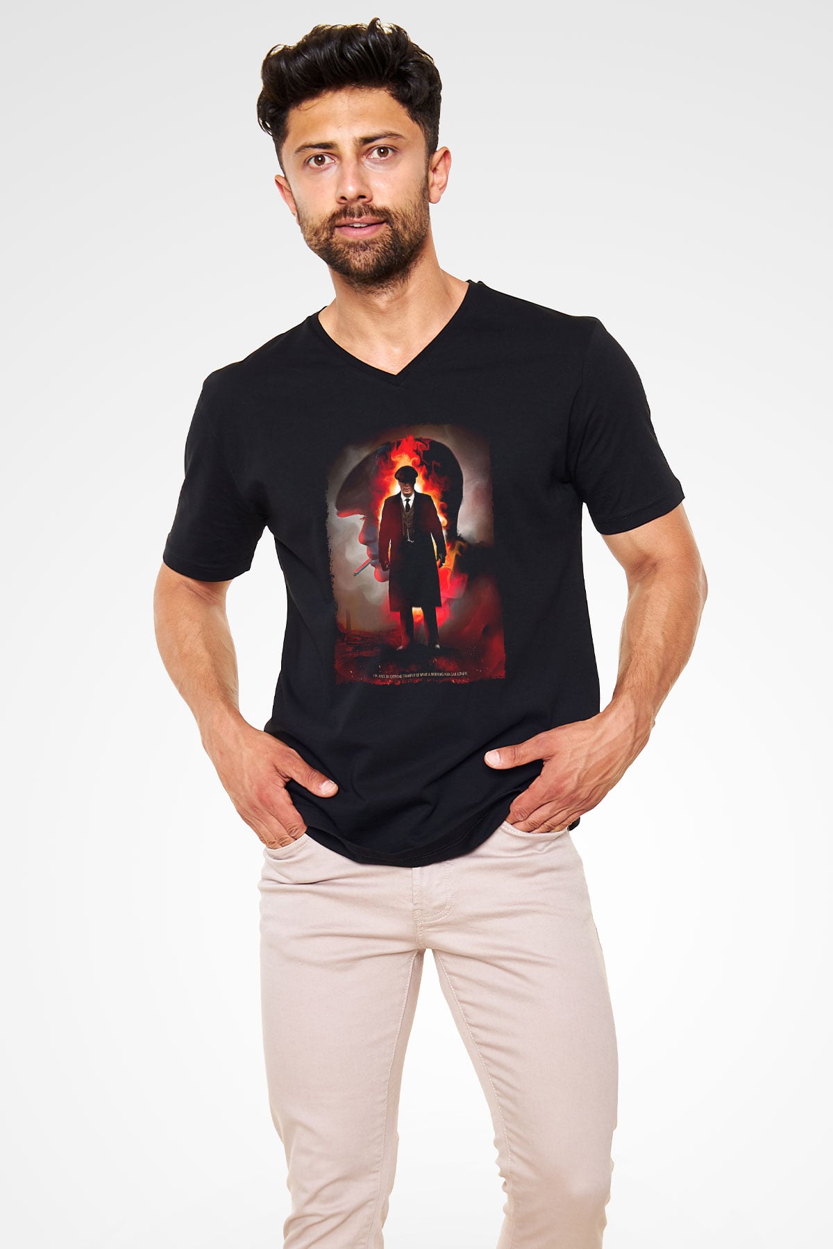Peaky Blinders Baskılı Unisex Siyah V Yaka Tişört - Tshirt