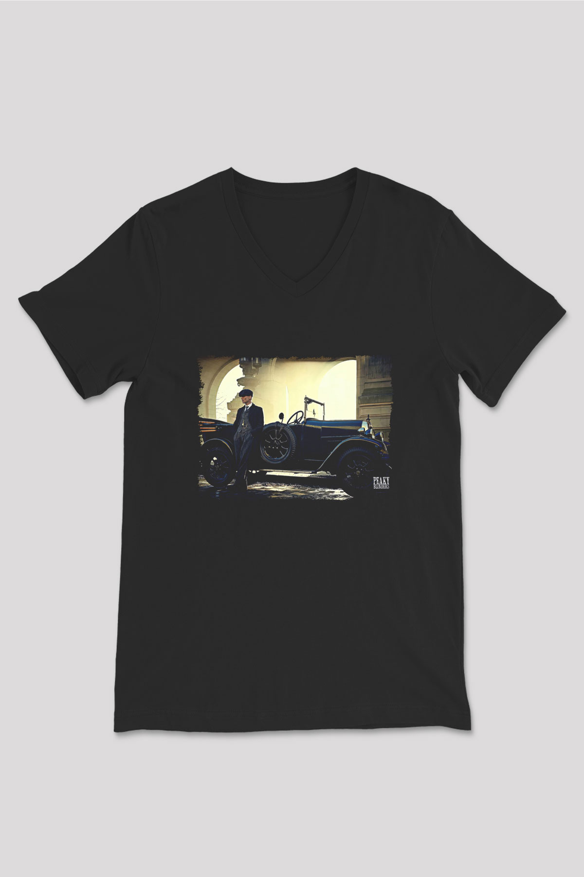 Peaky Blinders Baskılı Unisex Siyah V Yaka Tişört - Tshirt