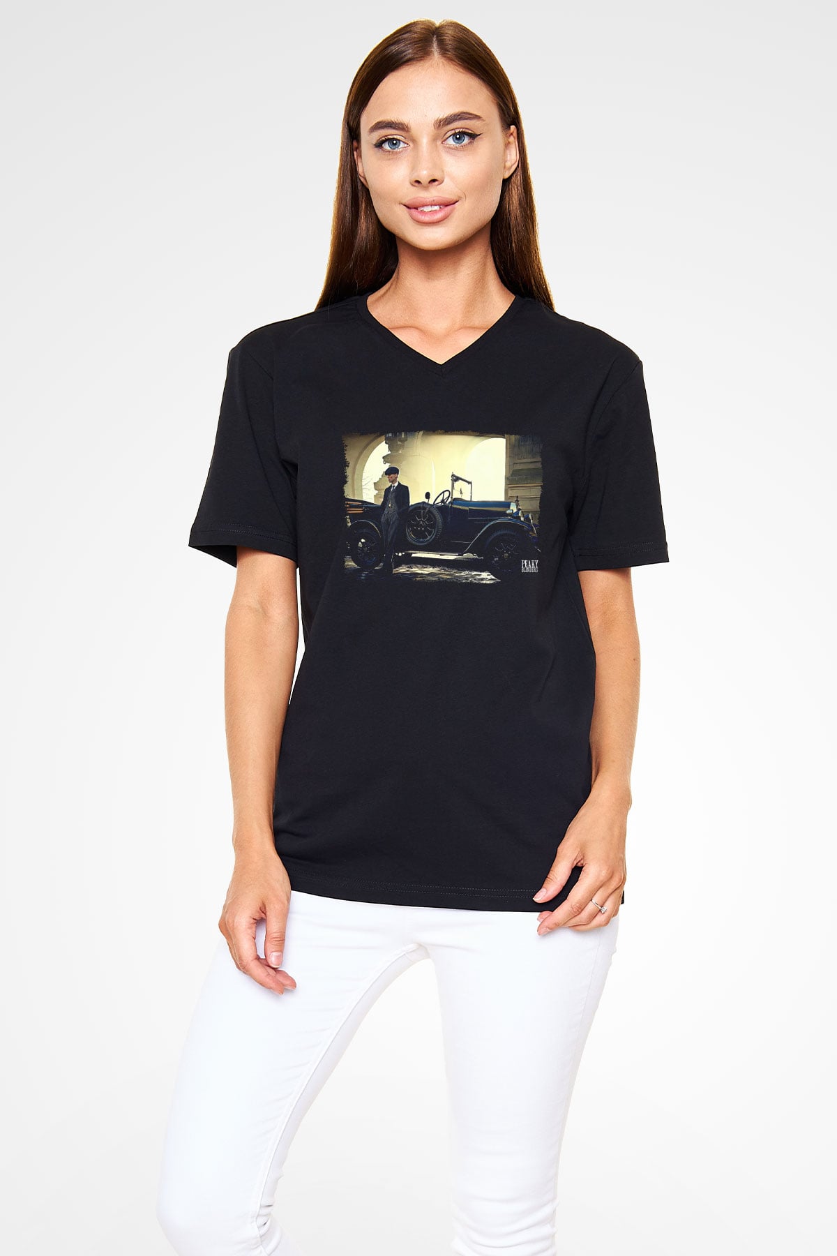 Peaky Blinders Baskılı Unisex Siyah V Yaka Tişört - Tshirt