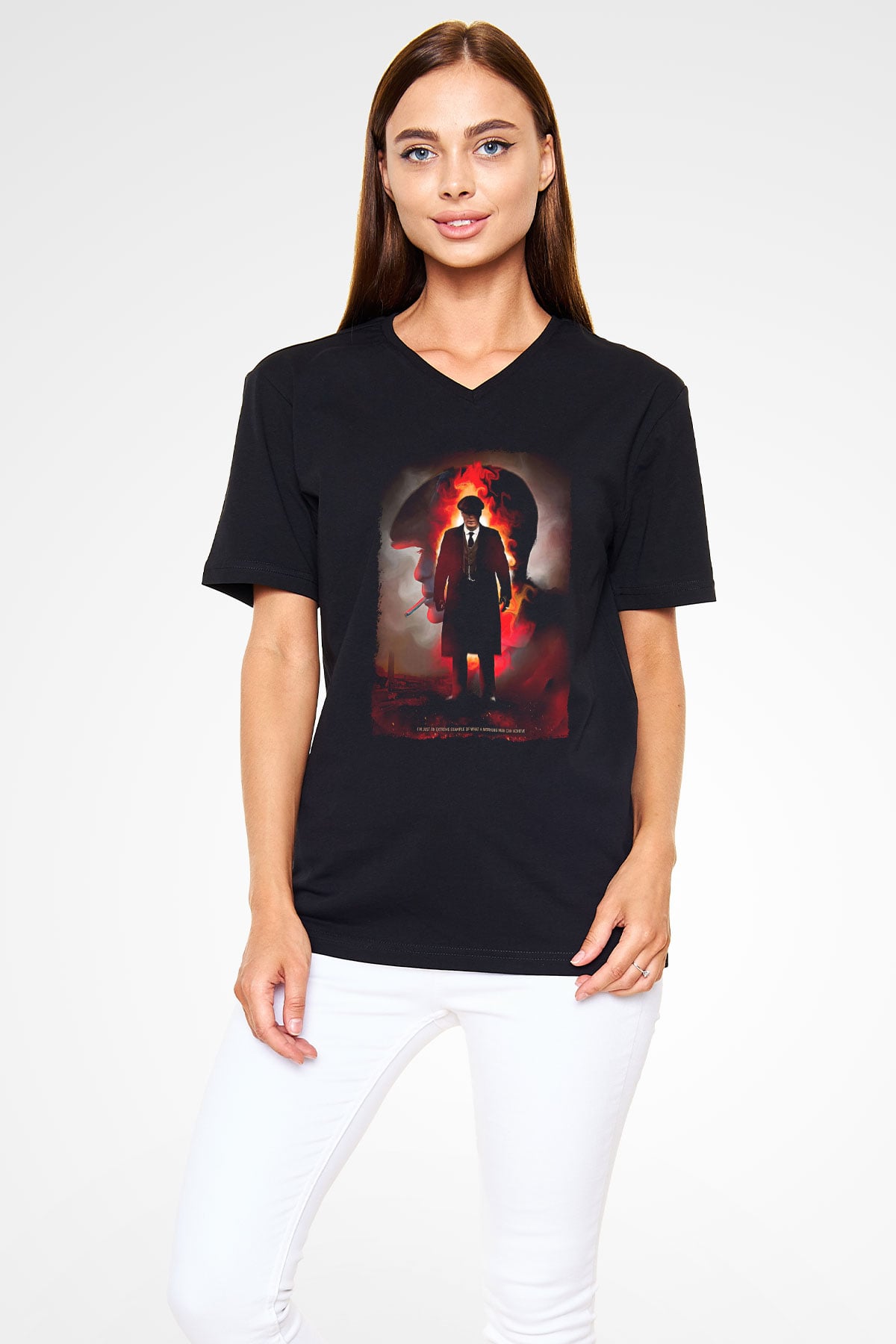 Peaky Blinders Baskılı Unisex Siyah V Yaka Tişört - Tshirt