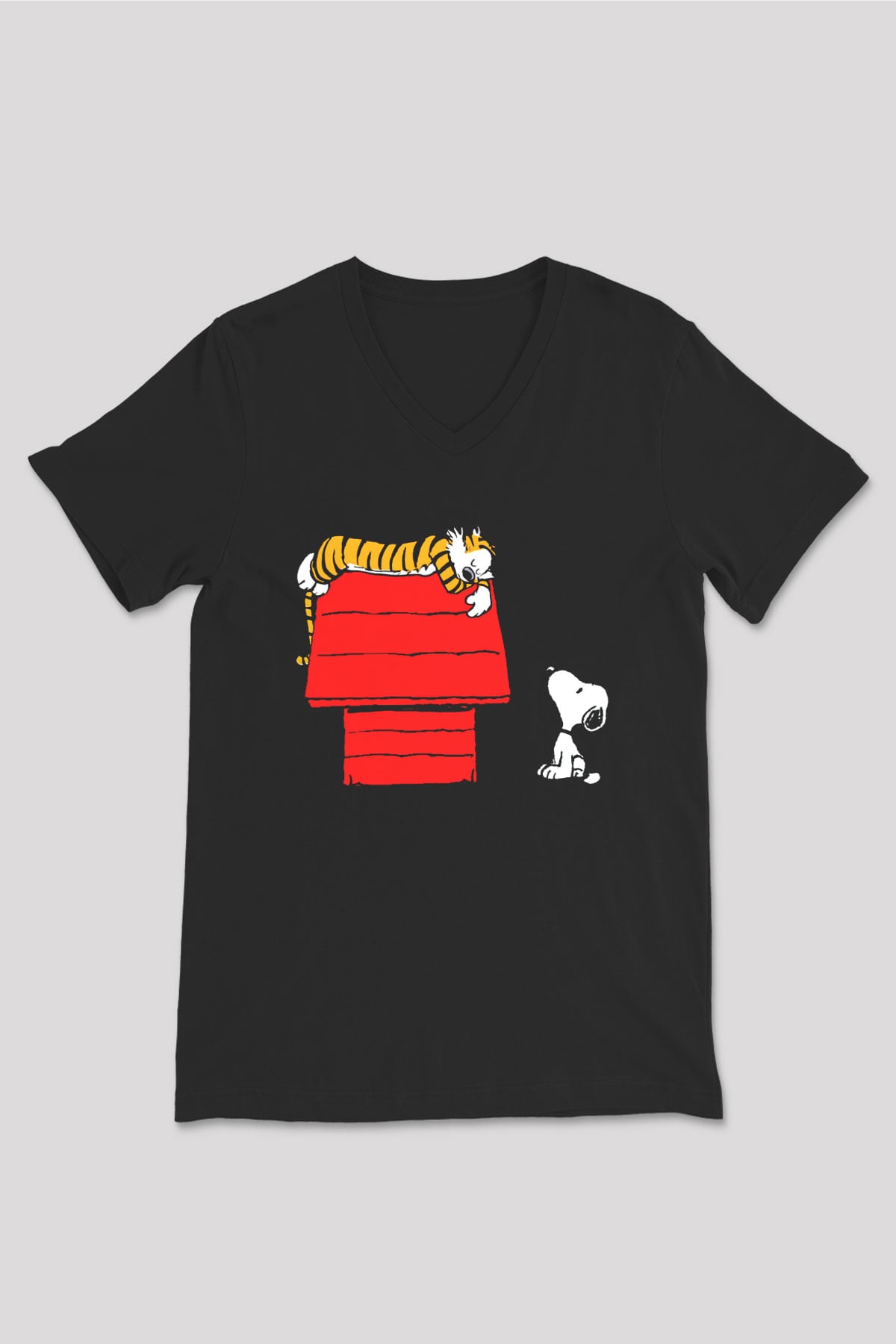 Peanuts Siyah Unisex V Yaka Tişört