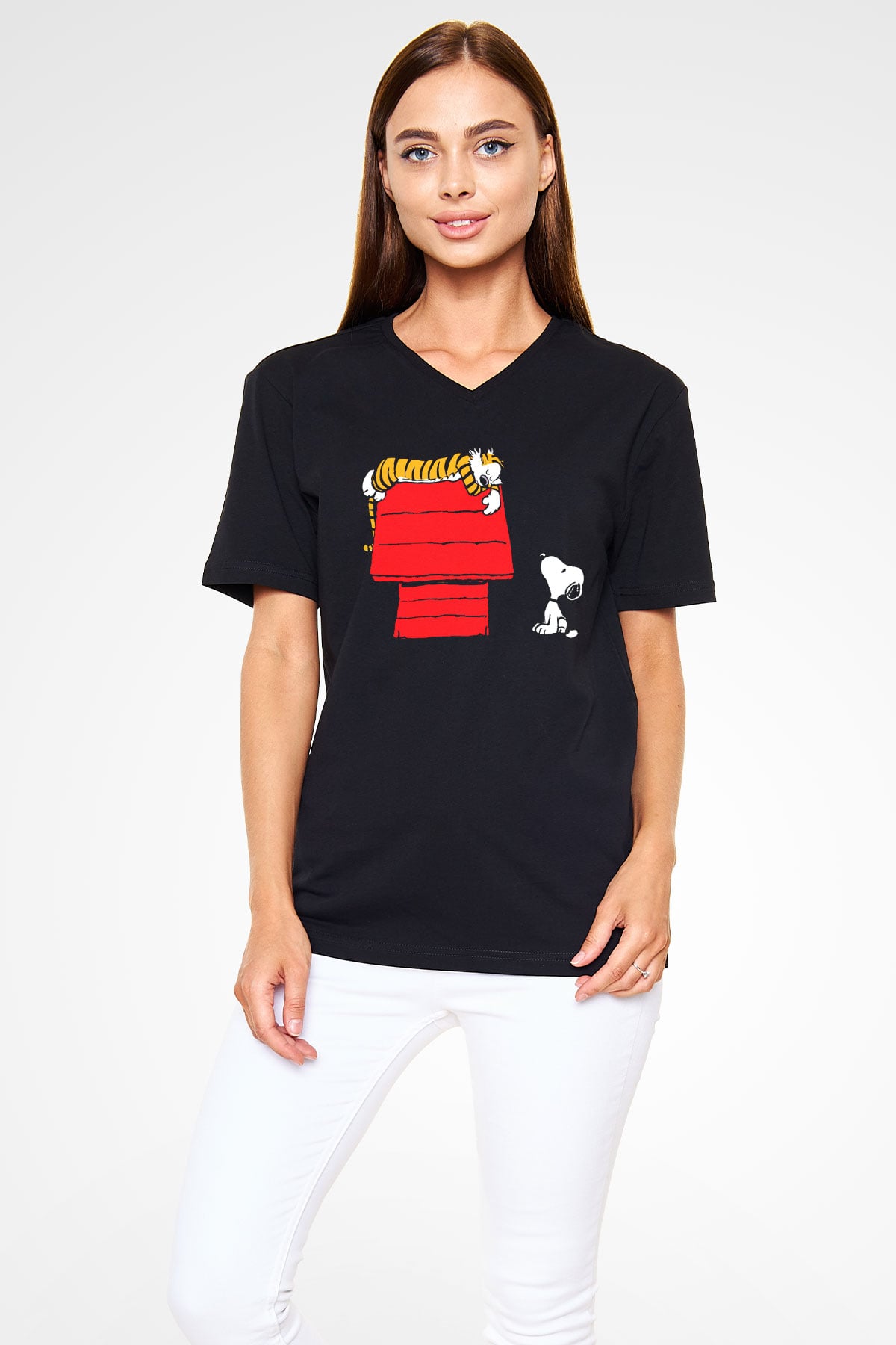Peanuts Siyah Unisex V Yaka Tişört