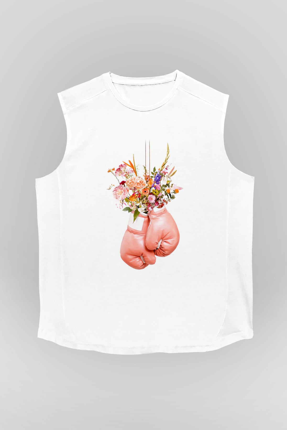 Pembe Boks Eldiveni Baskılı Unisex Beyaz  Kolsuz Tişört