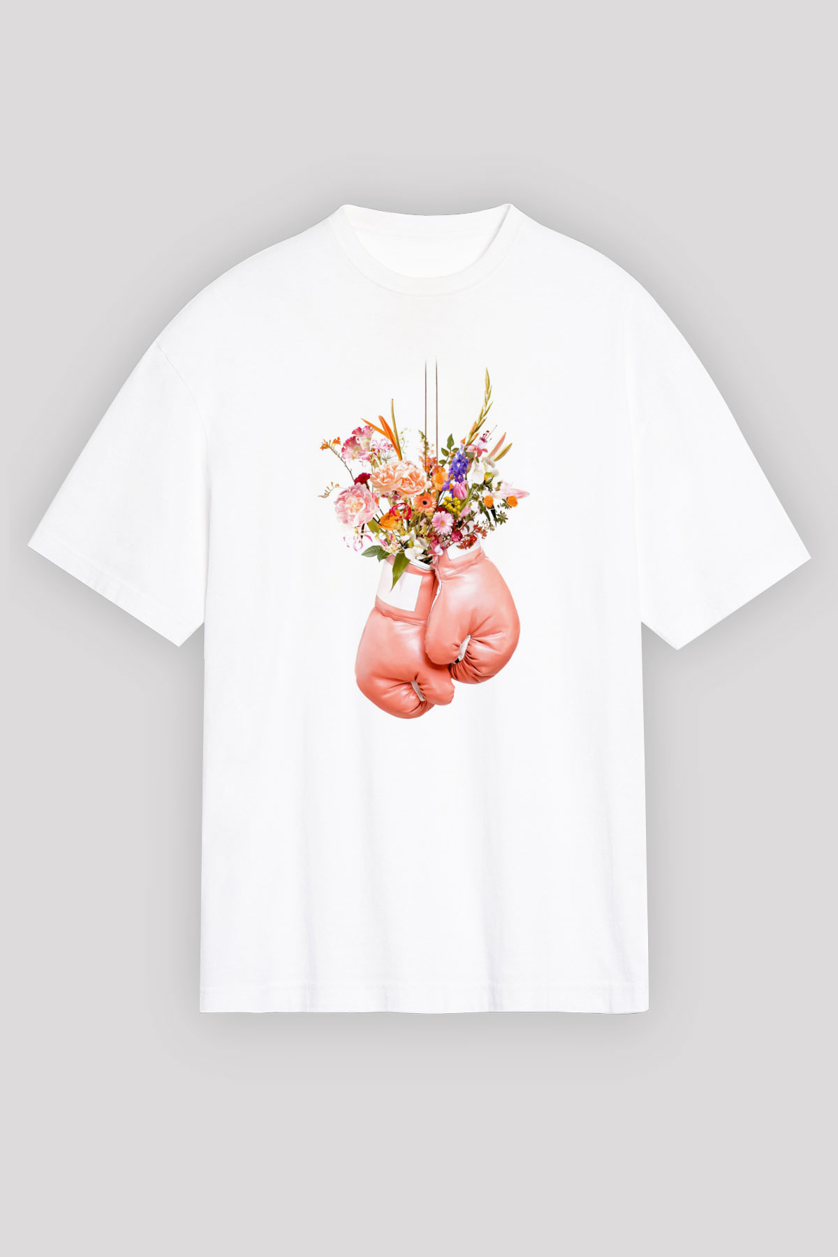 Pembe Boks Eldiveni Baskılı Oversize Beyaz Tişört