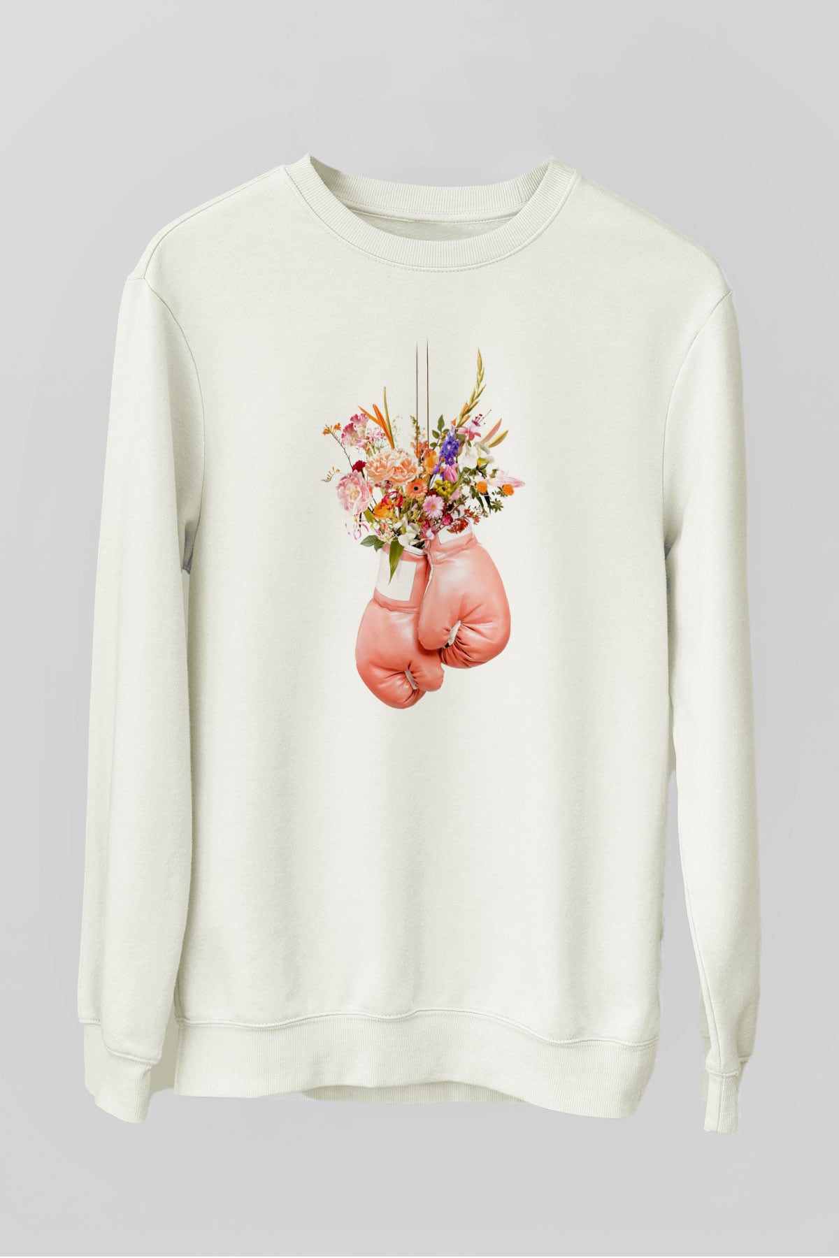 Pembe Boks Eldiveni Baskılı Unisex Beyaz  Sweatshirt