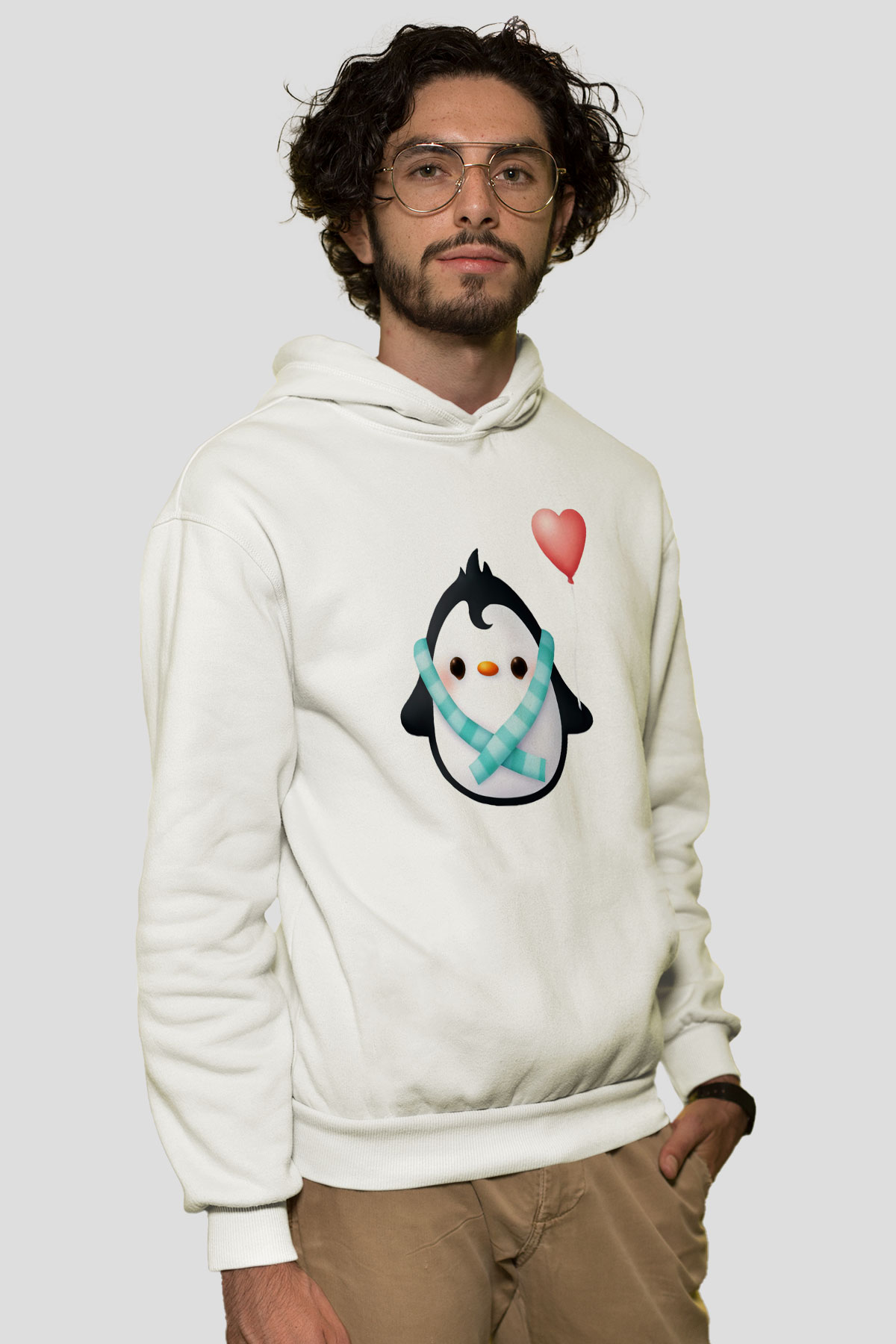 Penguen Beyaz Unisex Kapşonlu Sweatshirt