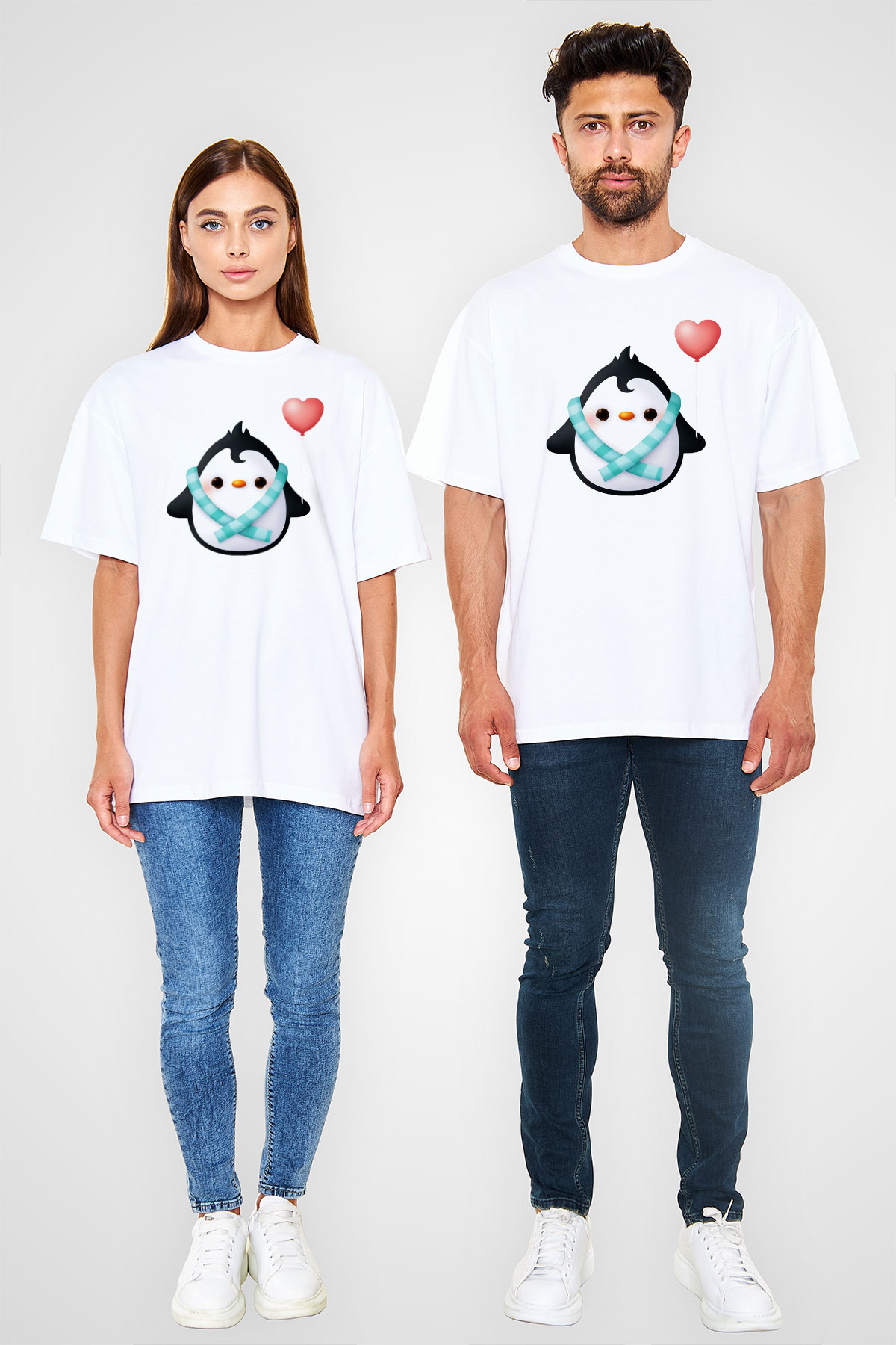 Penguen Beyaz Unisex Oversize Tişört T-Shirt