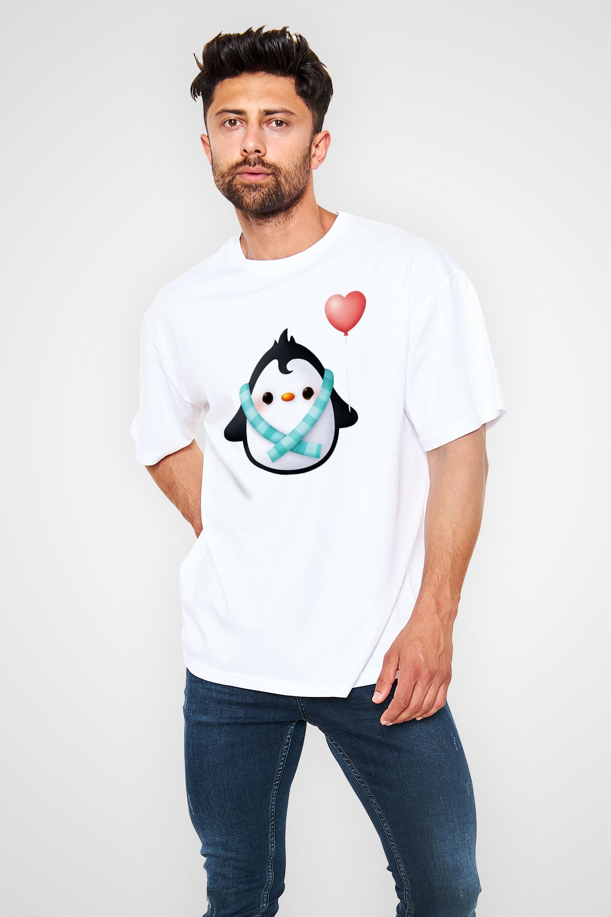 Penguen Beyaz Unisex Oversize Tişört T-Shirt