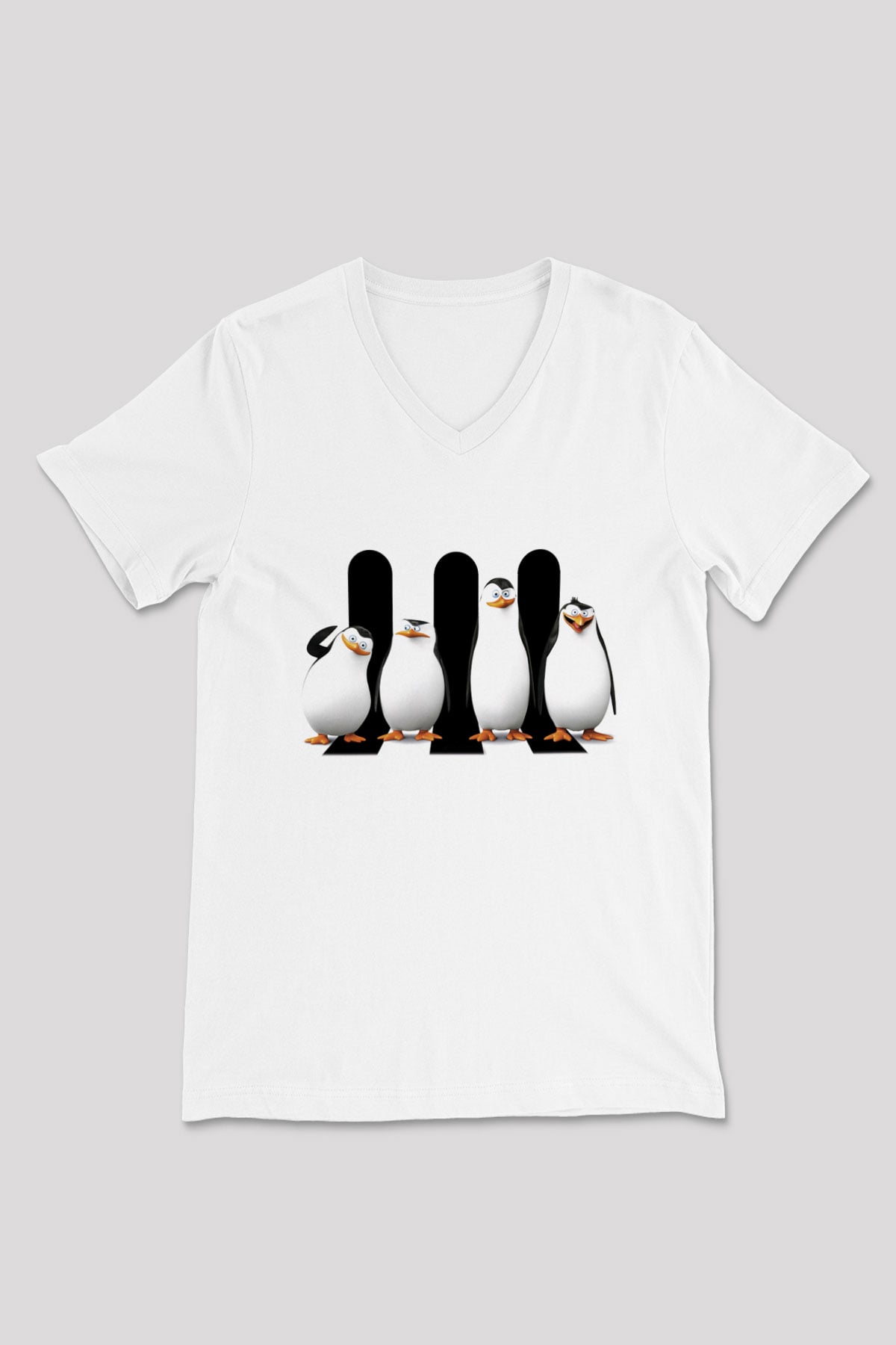 Penguen Beyaz Unisex V Yaka Tişört T-Shirt
