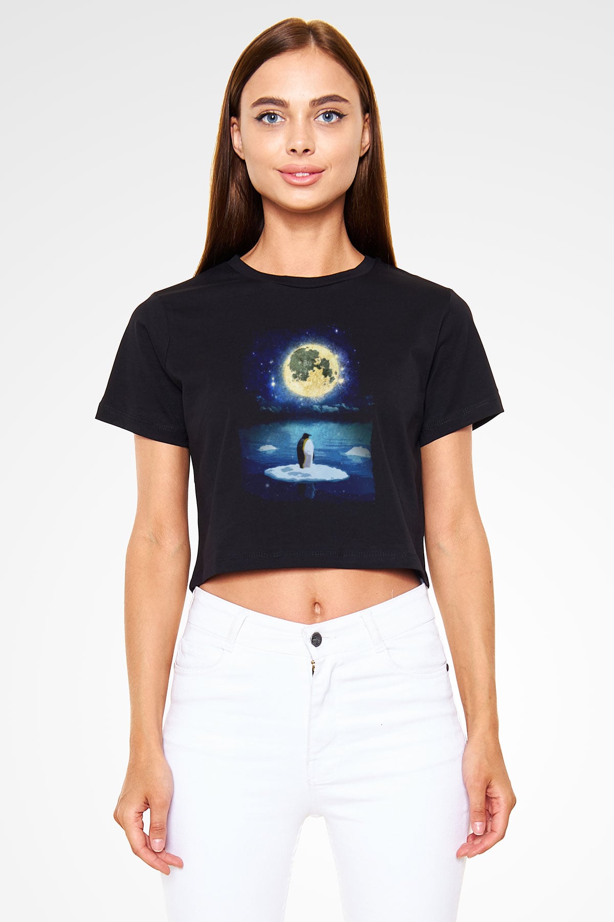 Penguen Siyah  Crop Top Tişört