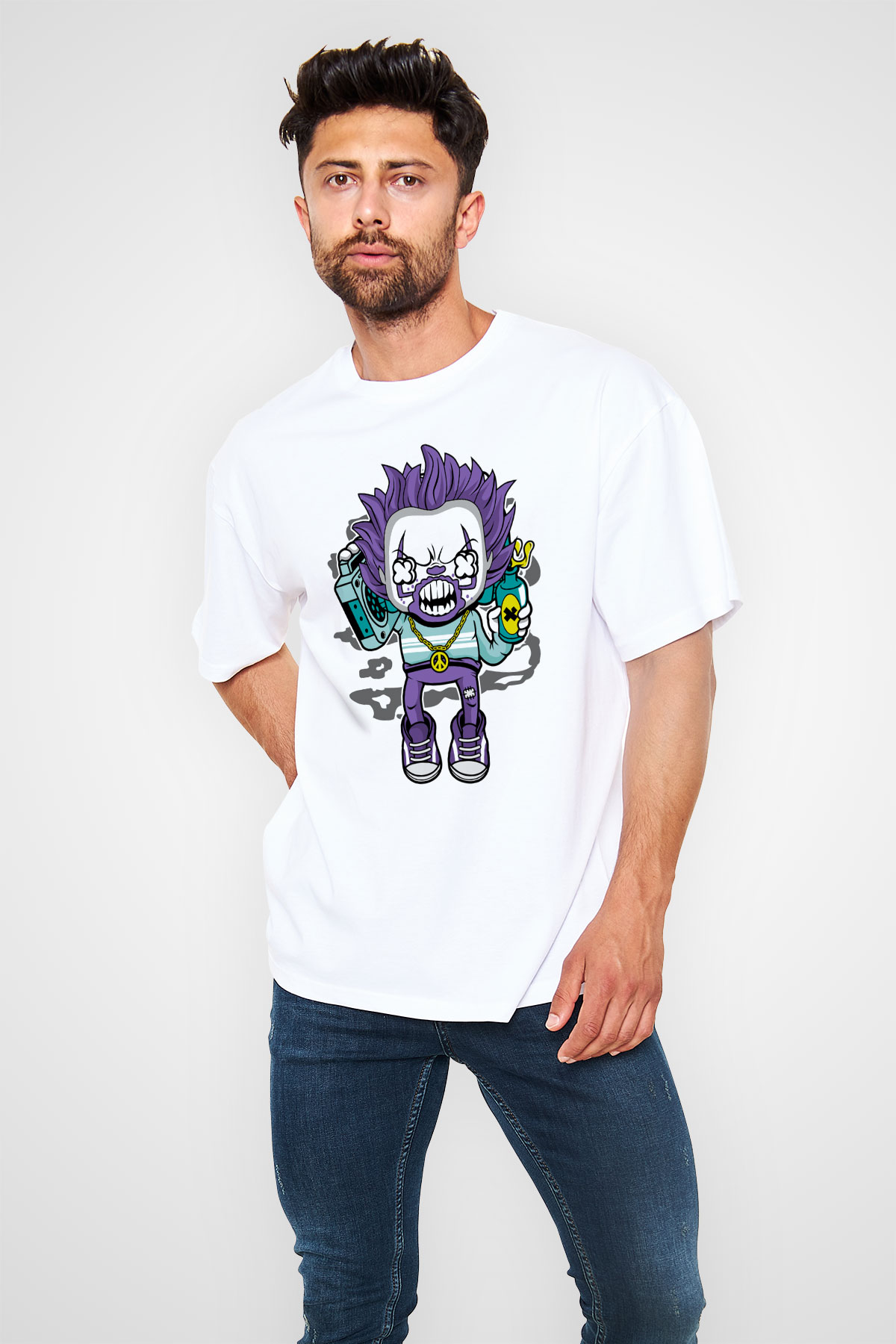 Pennywise Boombox Baskılı Beyaz Unisex Oversize Tişört