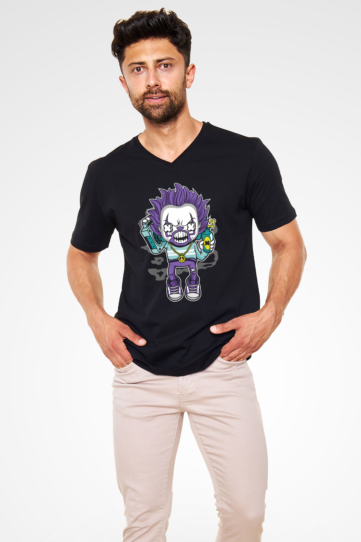 Pennywise Boombox Baskılı Siyah Unisex V Yaka Tişört