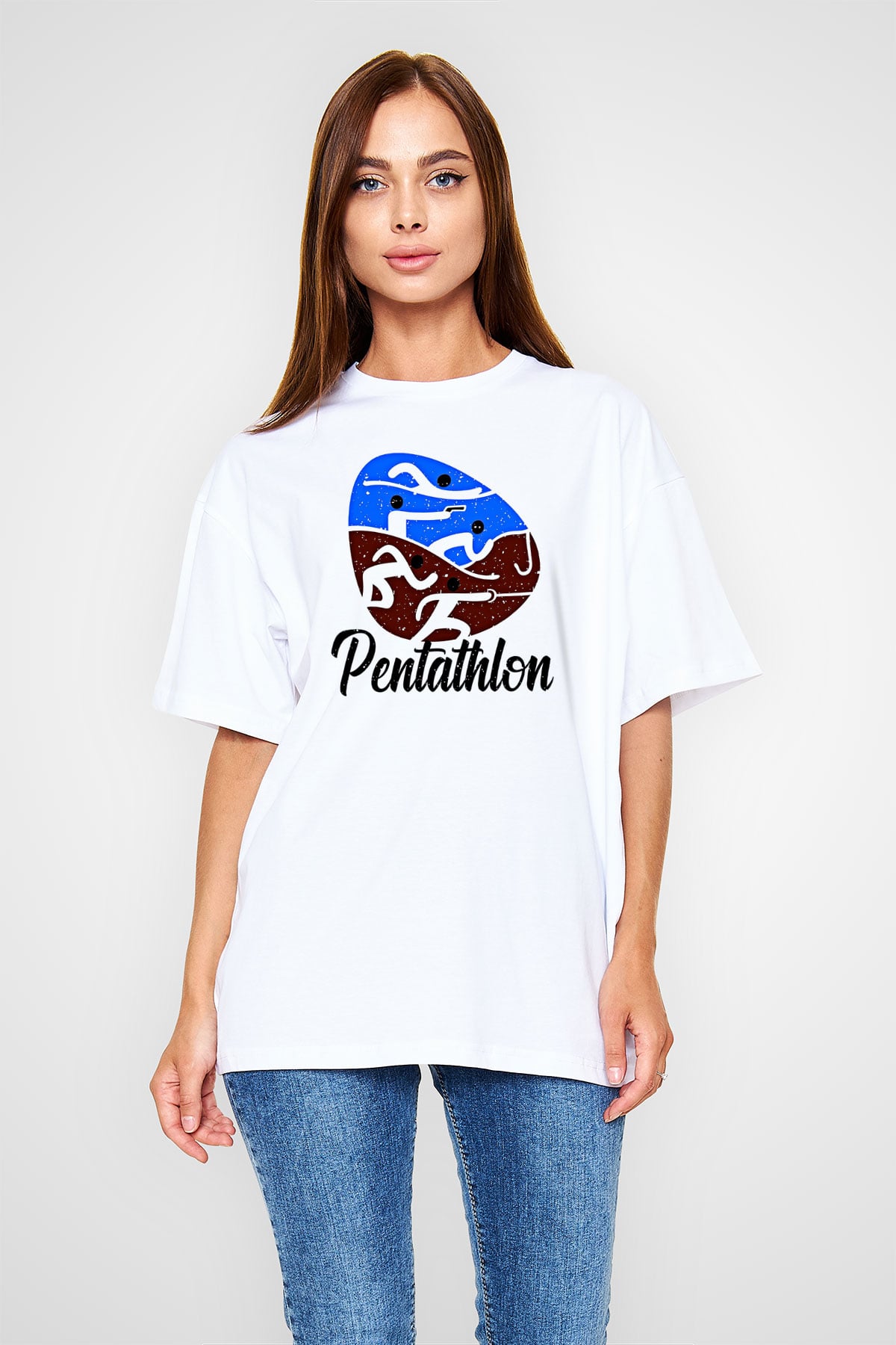 Pentathlon Baskılı Unisex Beyaz Oversize Tişört - Tshirt