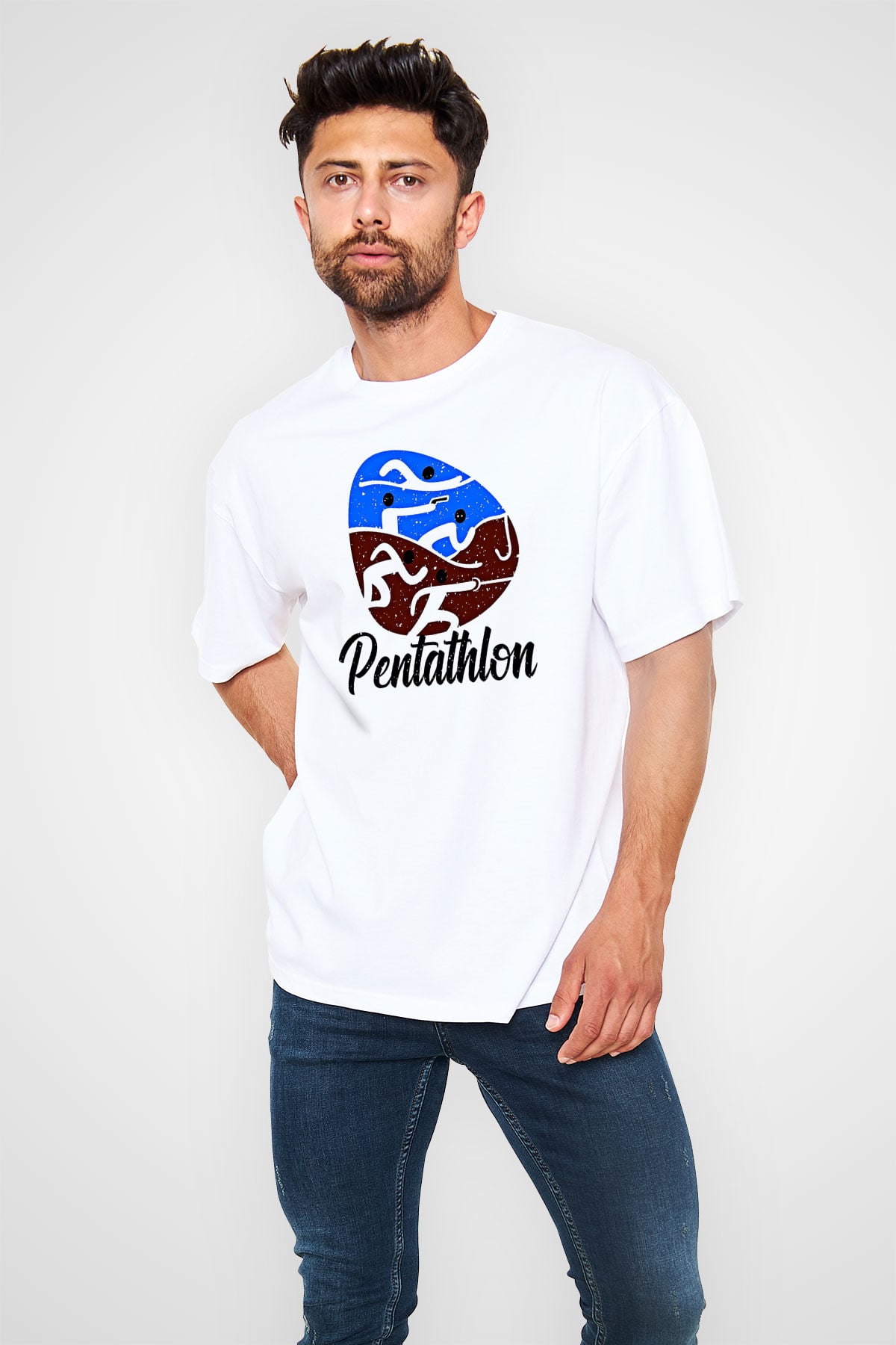 Pentathlon Baskılı Unisex Beyaz Oversize Tişört - Tshirt