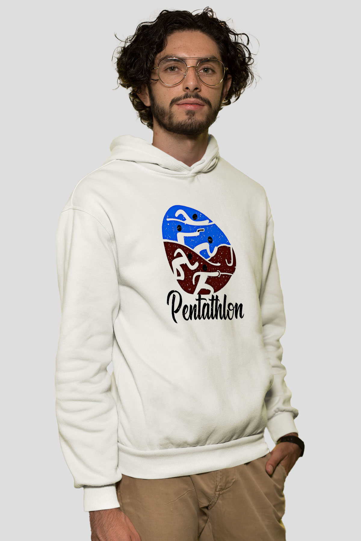 Pentathlon Baskılı Unisex Ekru Hoodie