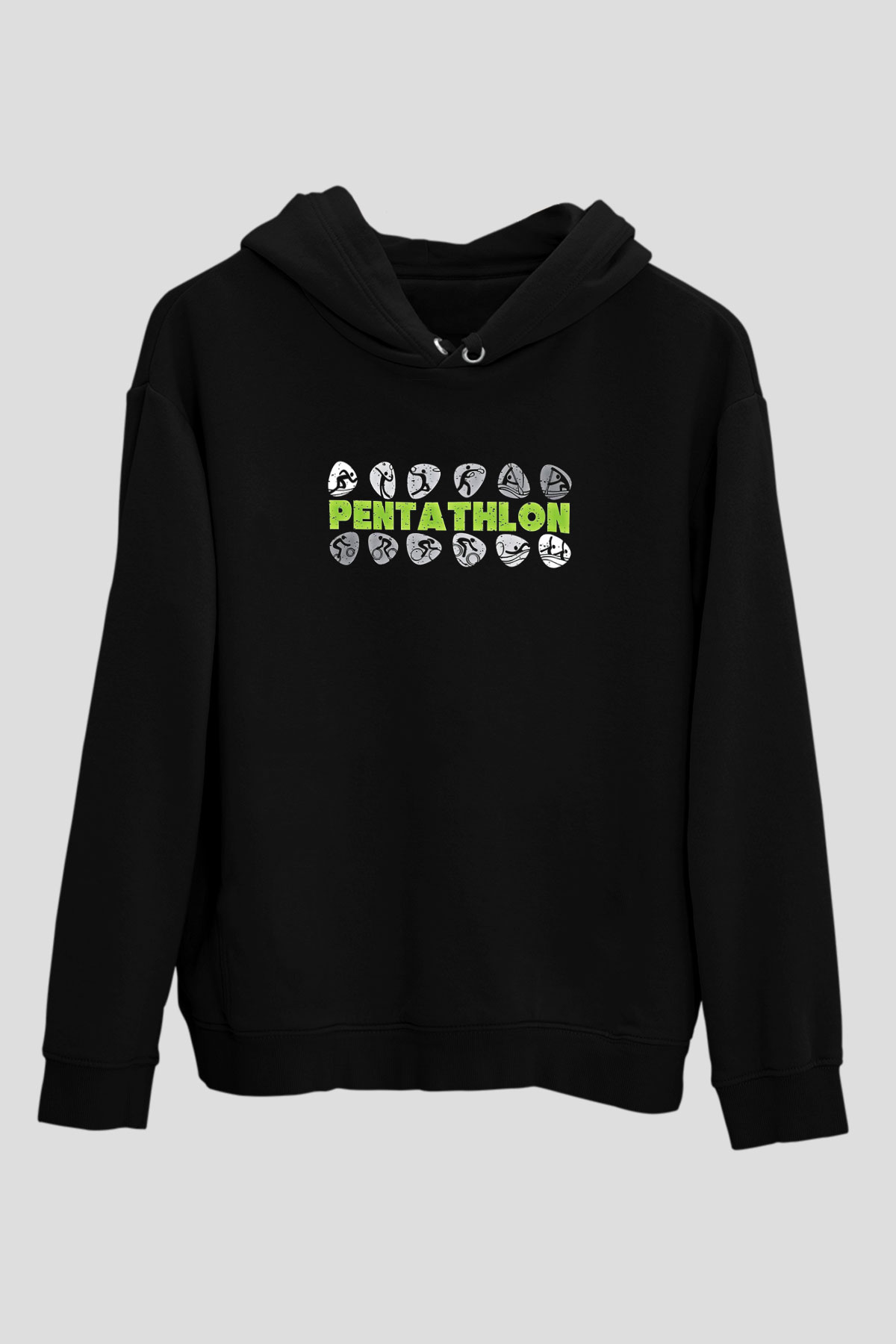 Pentathlon Baskılı Unisex Siyah Kapüşonlu Sweatshirt
