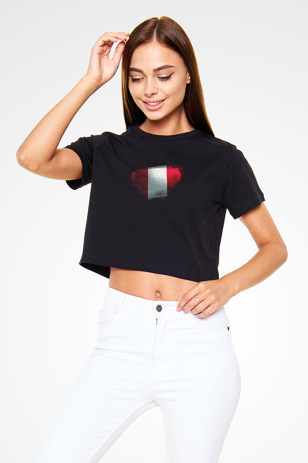 Peru Bayrağı Baskılı Kadın Crop Top Siyah Tişört