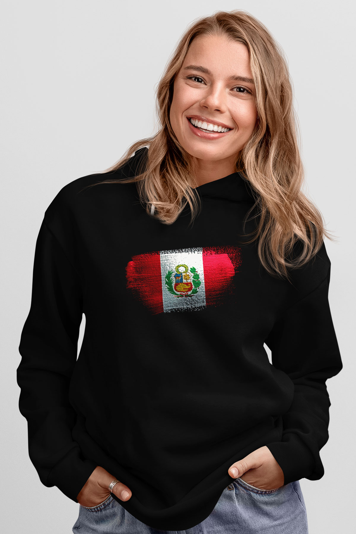 Peru Bayrağı Baskılı Unisex Siyah Kapüşonlu Sweatshirt