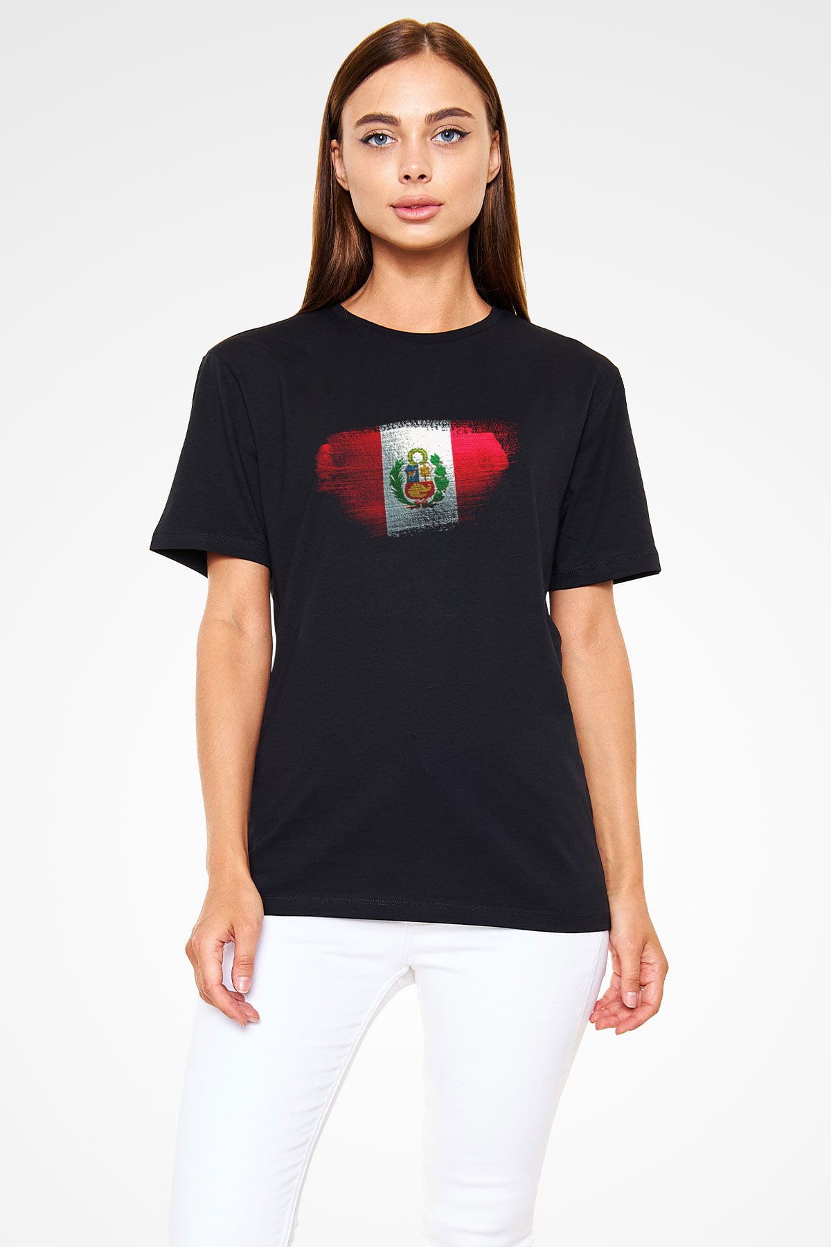 Peru Bayrağı Baskılı Unisex Siyah Tişört