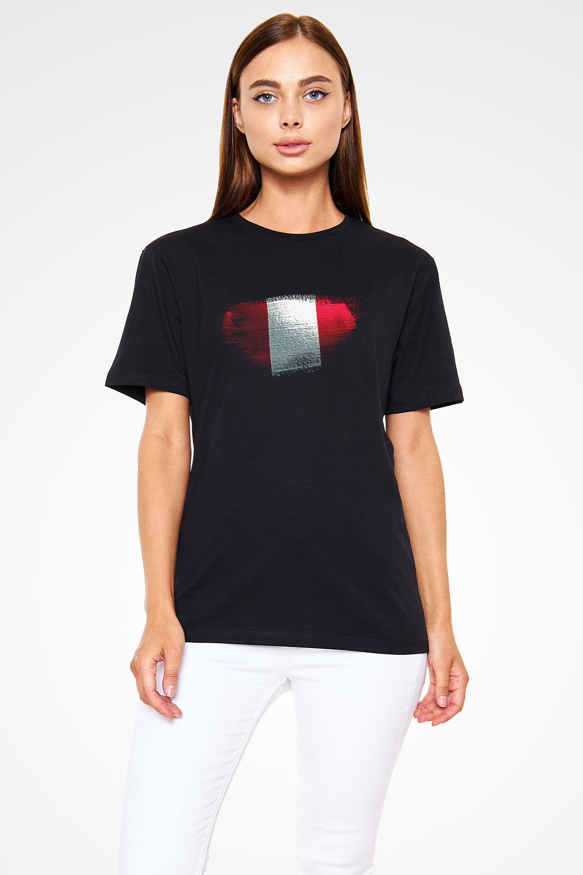 Peru Bayrağı Baskılı Unisex Siyah Tişört