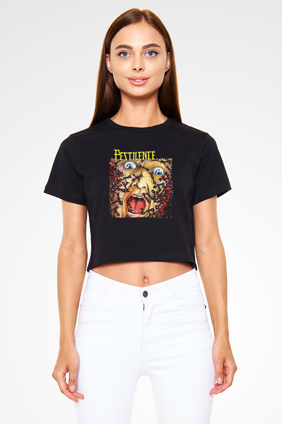 Pestilence Baskılı Siyah Crop Top Kadın Tişört - Tshirt