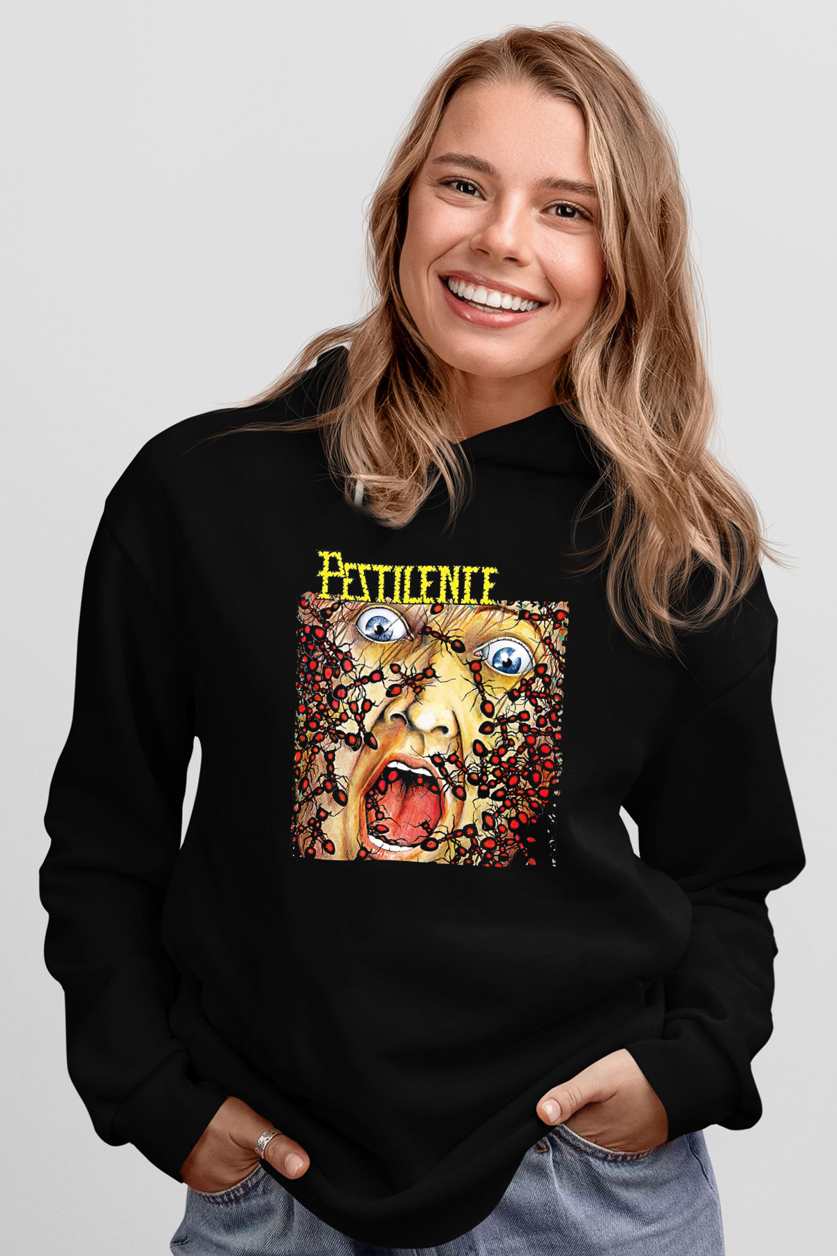 Pestilence Baskılı Unisex Siyah Kapüşonlu Sweatshirt