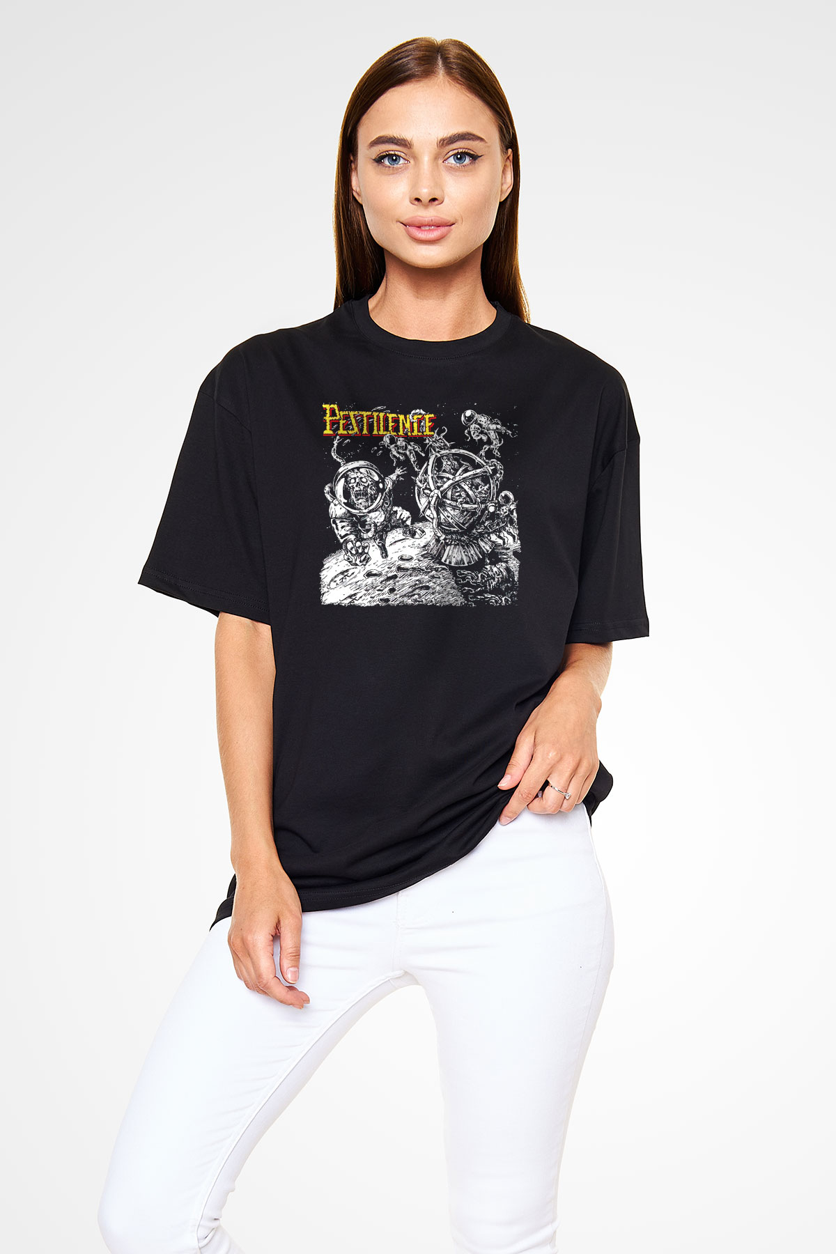 Pestilence Baskılı Unisex Siyah Oversize Tişört - Tshirt