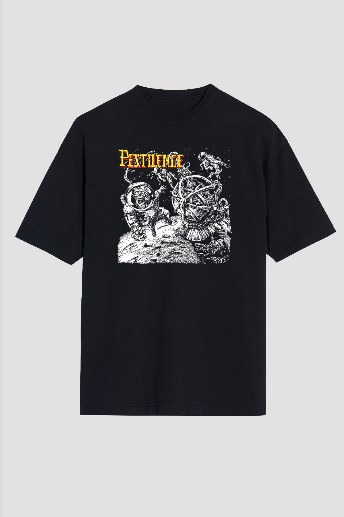 Pestilence Baskılı Unisex Siyah Oversize Tişört - Tshirt
