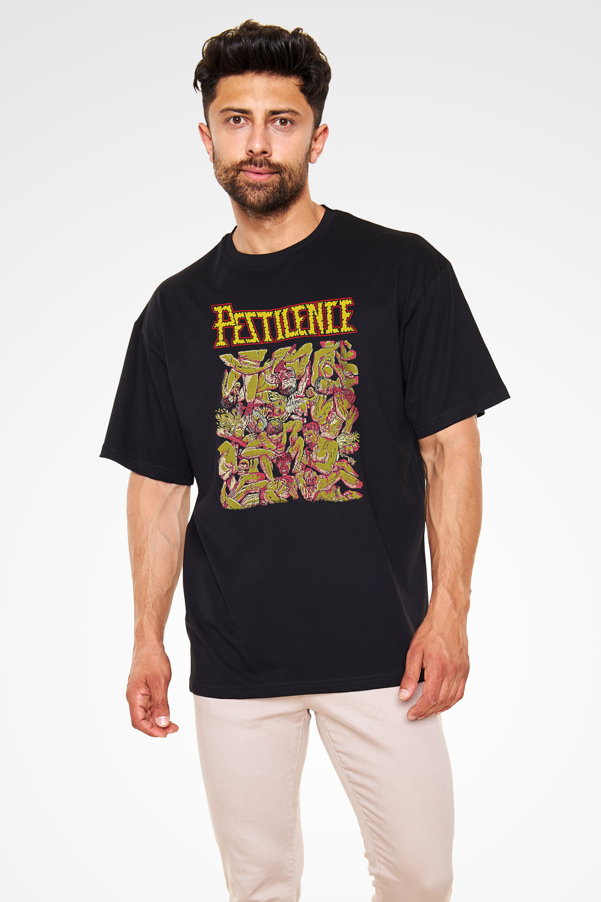 Pestilence Baskılı Unisex Siyah Oversize Tişört - Tshirt