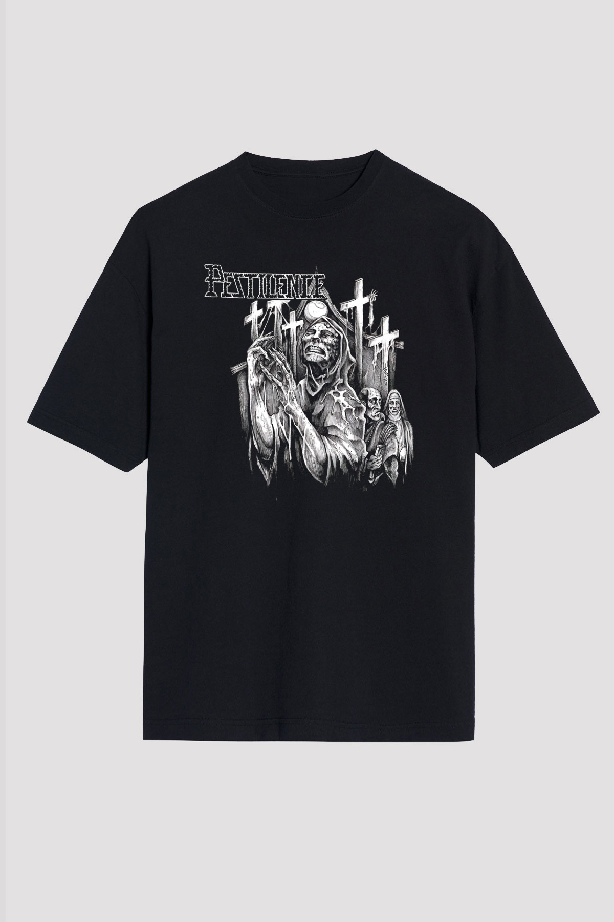 Pestilence Baskılı Unisex Siyah Oversize Tişört - Tshirt