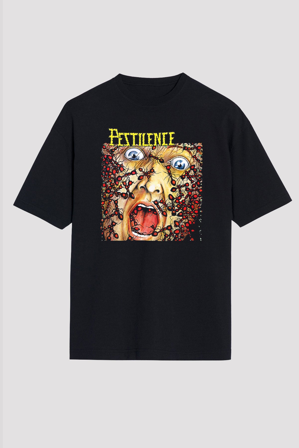 Pestilence Baskılı Unisex Siyah Oversize Tişört - Tshirt