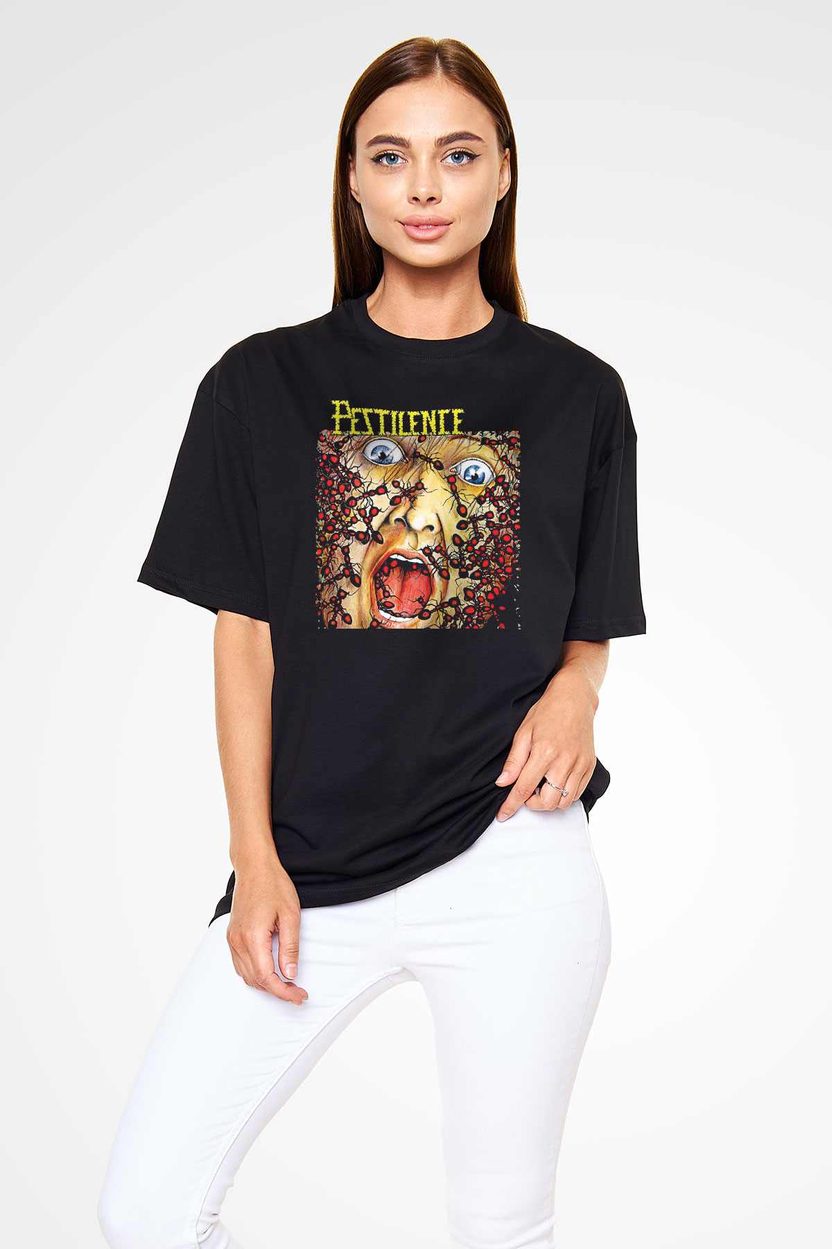 Pestilence Baskılı Unisex Siyah Oversize Tişört - Tshirt